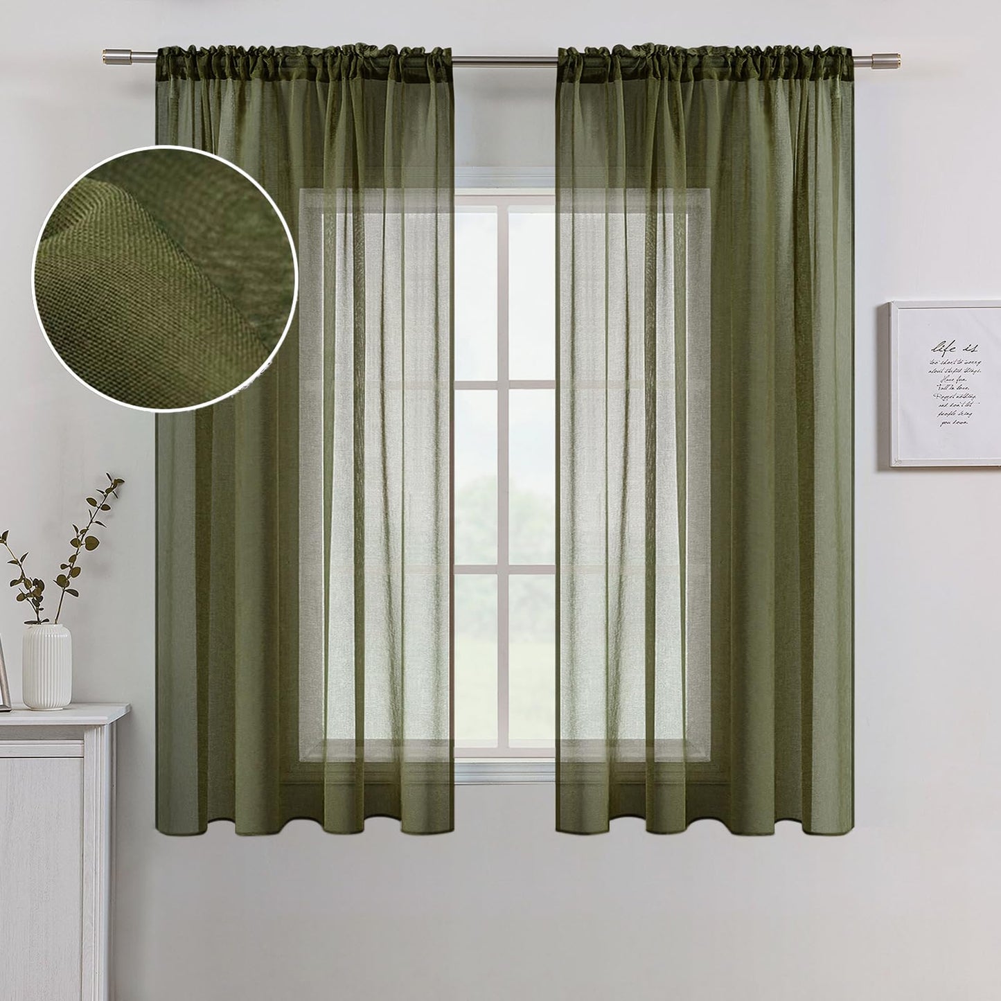 MIULEE Semi White Linen Textured Sheer Curtains 42W×84L Rod Pocket 2 Panels | Semi Transparent, Farmhouse, Window Net Panels with Rod Pocket for Bedroom Living Room