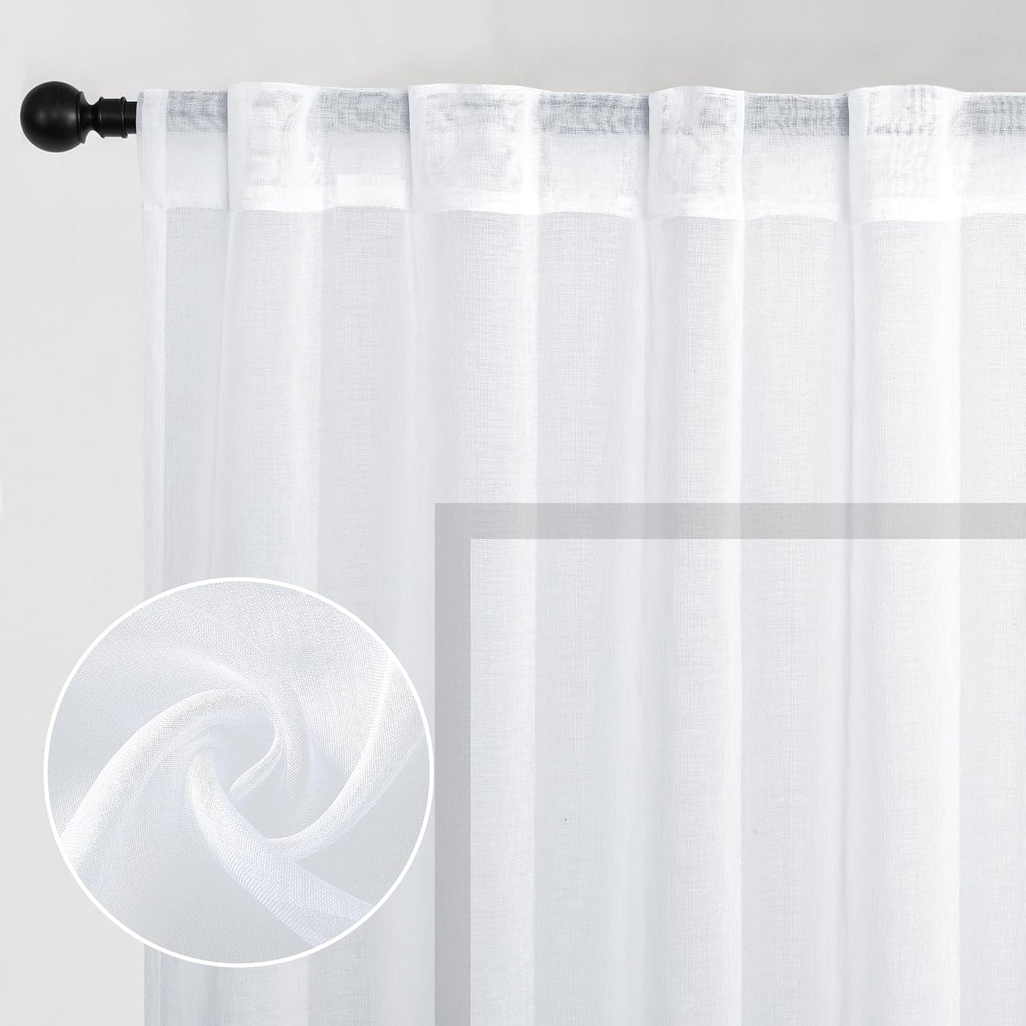 DWCN White Faux Linen Sheer Curtains, 2 Panels, 52x84 Inch | Faux Linen Textured Curtains with Rod Pocket & Back Tab, Semi Voile Light Airy Gauzy Privacy Drapes for Living Room Bedroom