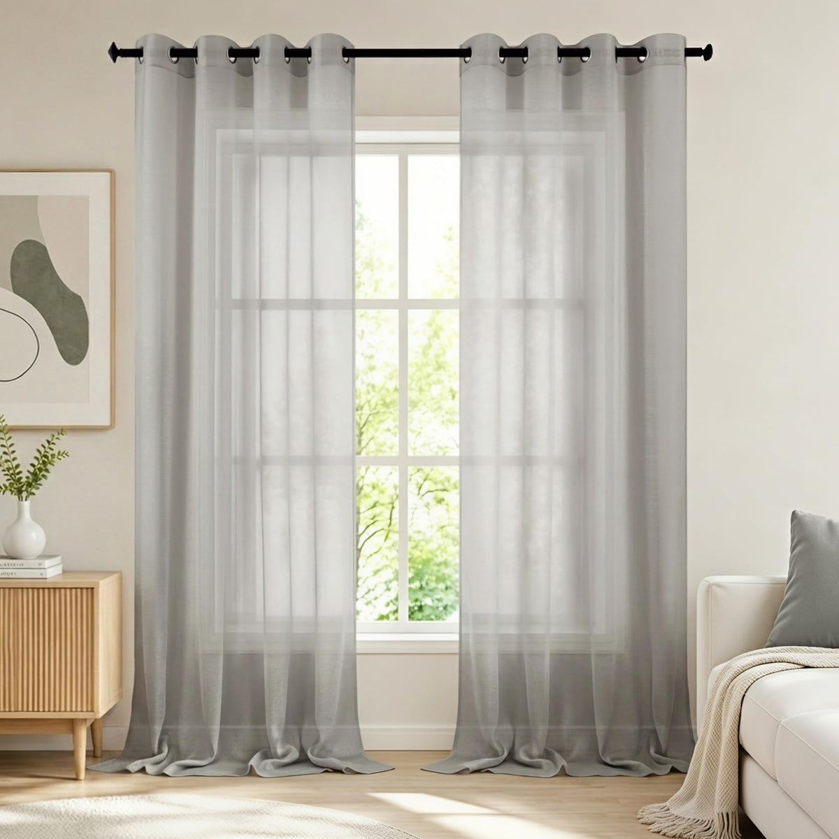 White Sheer Curtains 84 Inches Long Set 2 Panels Grommet Pair Faux Linen Semi Transparent Drape Tulle Gauze Voile Window Sheer Curtains for Bedroom Living Room Dining Wide 52 Length Solid Pack