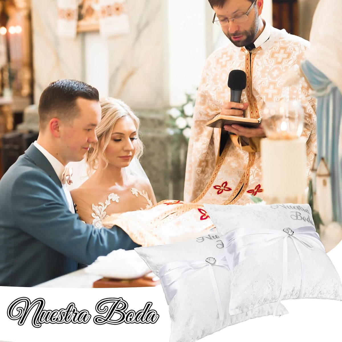 Mixweer 2pcs Wedding Embroidered Kneeling Pillows Nuestra Boda 18 x 18 Inch Embroidered Prayer Pillow Satin and Lace Kneeling White/Silver, Cojines para Boda, Decoracion (18",Without Pillow)