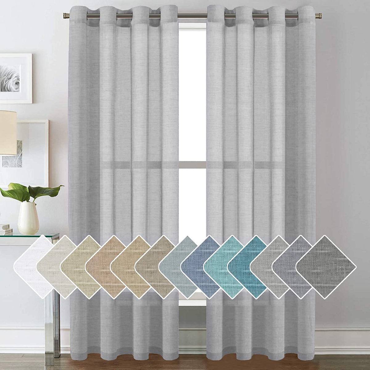 H.VERSAILTEX Natural Linen Sheer Curtains Flax Linen Blended Curtain Panels Living Room, Nickel Grommet Semitransparent Semi-Sheer Soft Privacy Drapes, Natural, 84 inches Long 2 Panels
