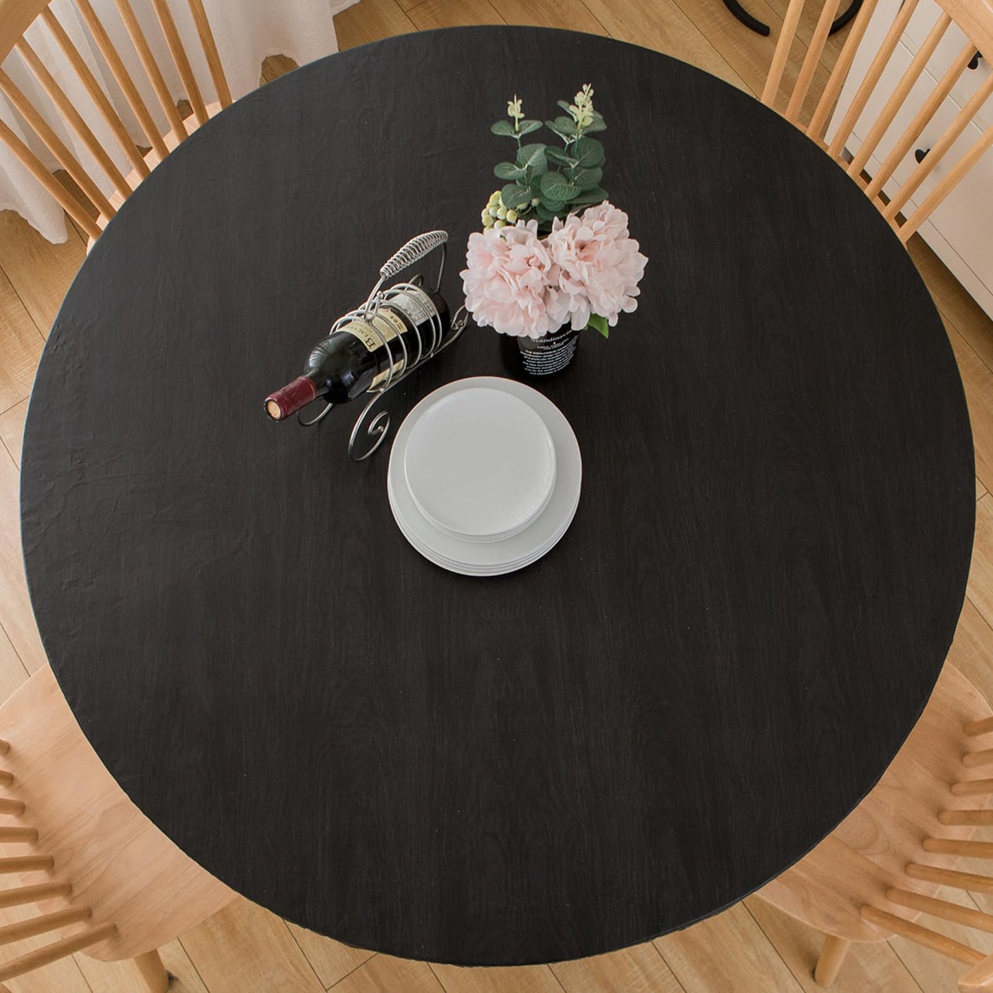 Pioggia Round Vinyl Fitted Tablecloth with Flannel Backing Elastic Table Cloth Waterproof Oil-Proof Plastic Table Cover Best for 45"-56" Round
