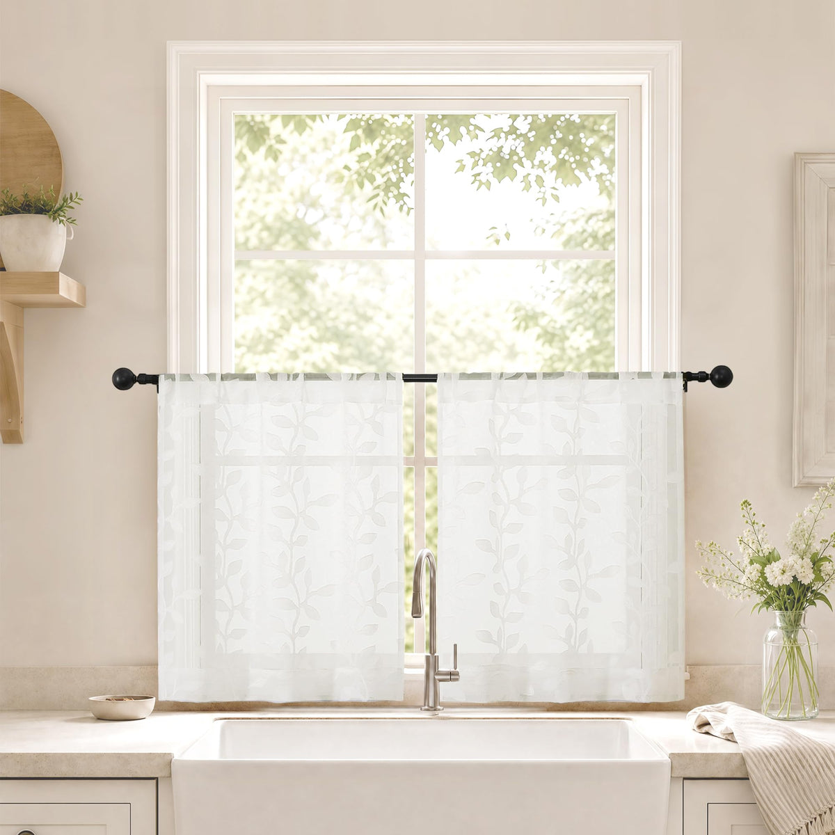 White Sheer Curtains 84 Inches Long - Light Filtering Leaf Jacquard Textured Semi Sheer Curtains, Rod Pocket Drapes for Living Room Bedroom 2 Panels Set, 2x37Wx84L Inches