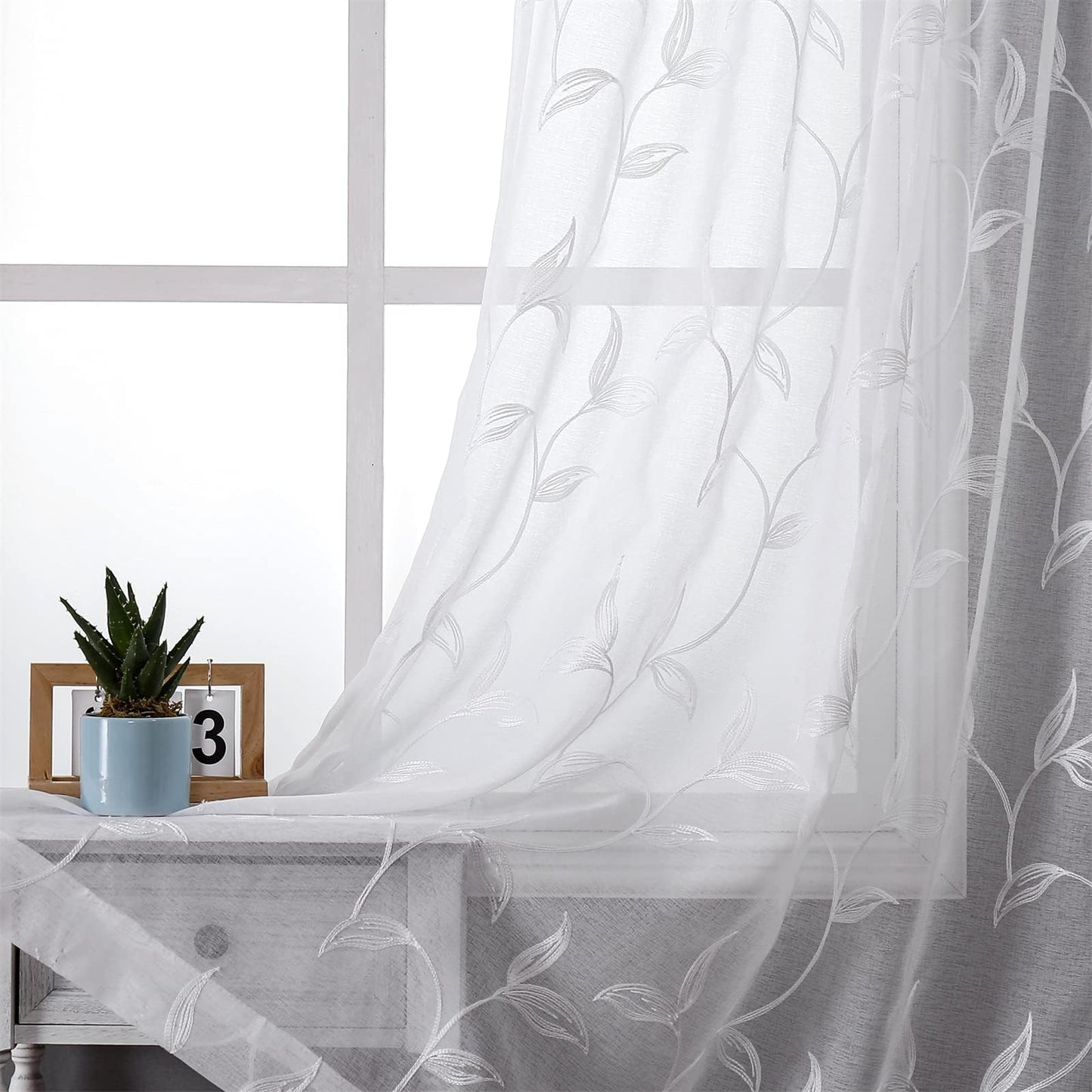 Sheer Curtains Boho Leaf Floral Embroidered Cream Beige 54Wx84L | Light Filtering Semi Sheer Voile Curtains With Design, Rod Pocket Window Drapes for Bedroom Living Room 2 Panels