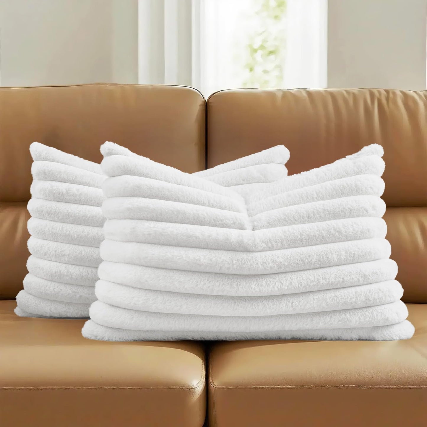 FUTEI Pack of 2 Faux Fur Throw Pillow Covers 18x18 Inch, Cream White | Fluffy Faux Rabbit Fur Front/Premium Velvet Back,Hidden Zipper,Machine Washable,Non-Shedding,Colorfast,Insert Not Included.