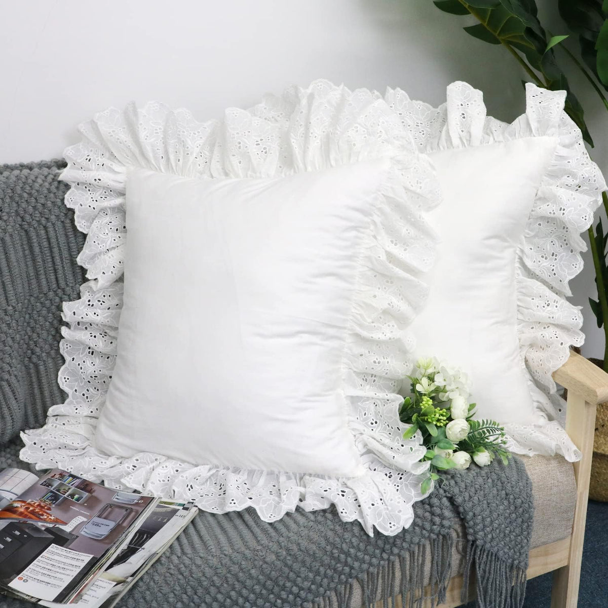 Lemfux Cotton Euro Shams with White Lace Ruffles, 26 x26 Inch, Set of 2,Rustic Farmhouse Lace Shabby Soft Breathable Bridal Pure White European, White Decorative Pillow Covers