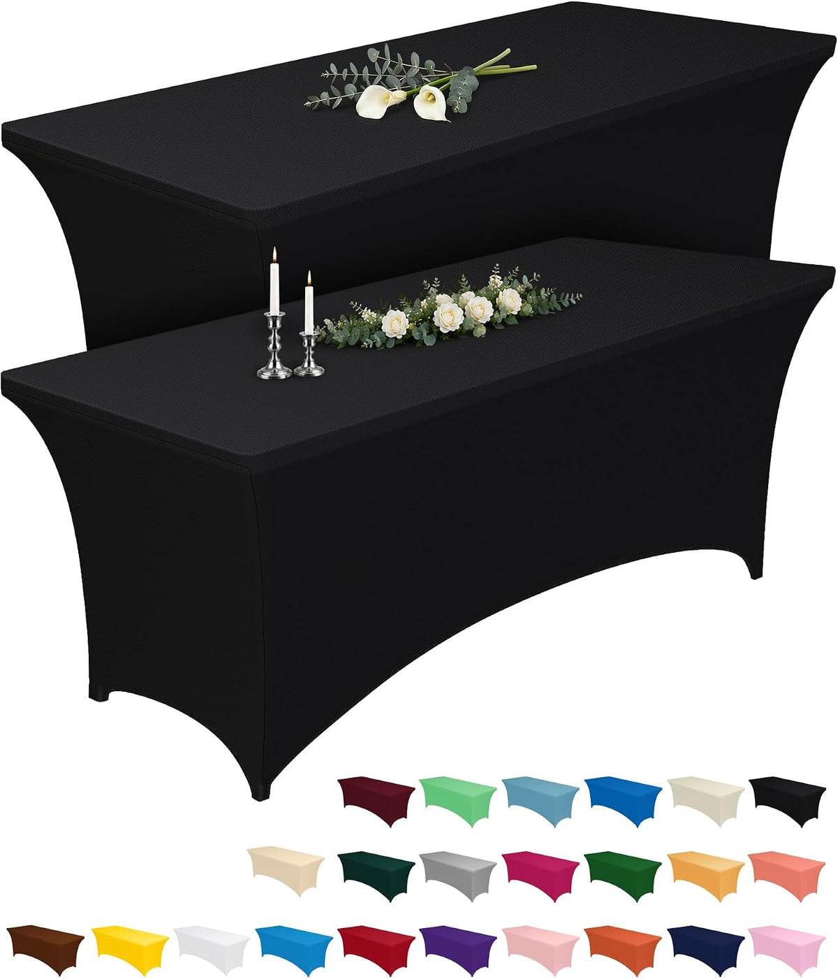 Pureegg Spandex Tablecloth 6ft 2 Pack Black | Table Cloth for Rectangle Table Wrinkle-Free and Stretch, Rectangle,Table Cover for Party, Wedding, Banquet, Birthday
