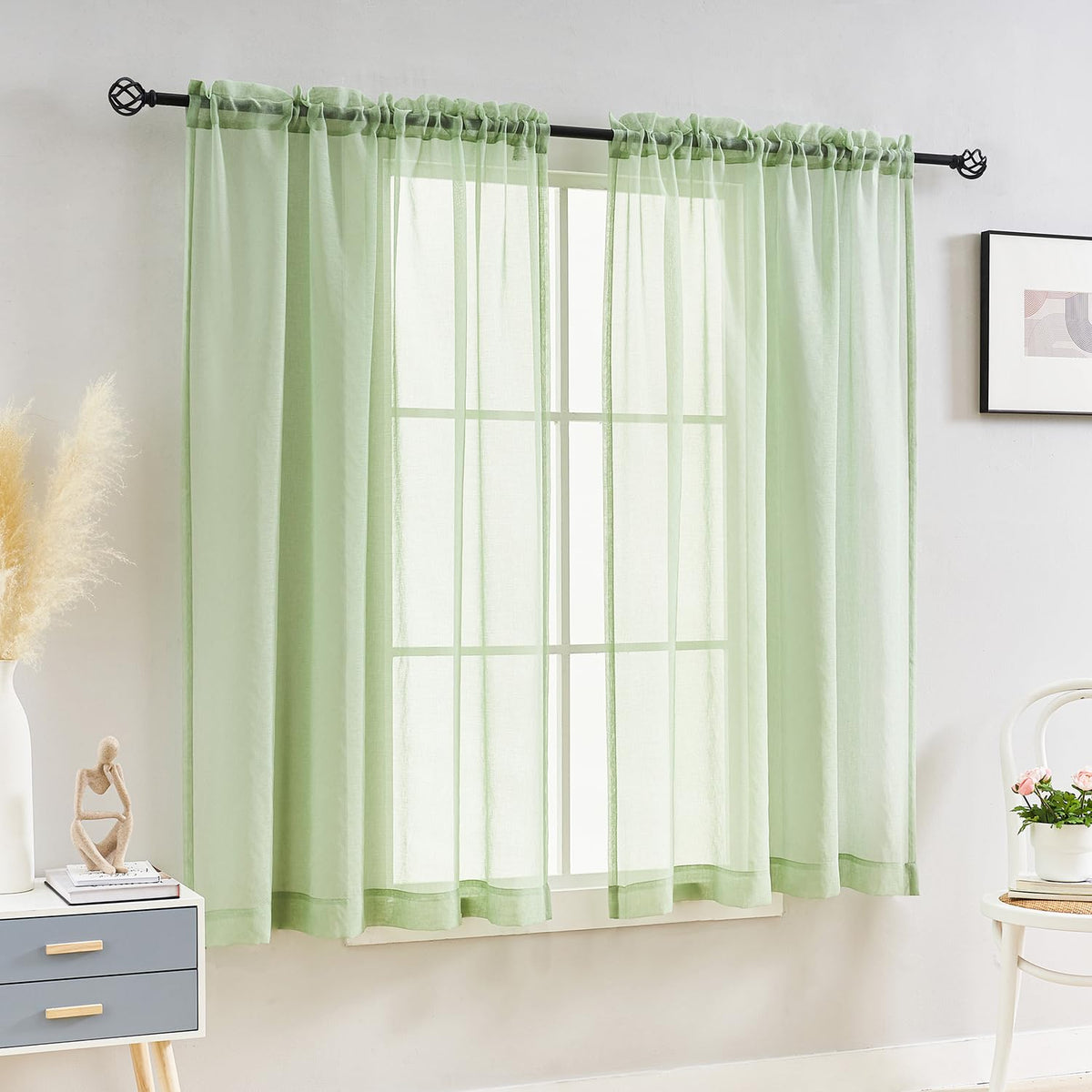 MYSTIC-HOME Sheer Curtains White 63 Inch Length, Rod Pocket Voile Drapes for Living Room, Bedroom, Window Treatments Semi Crinkle Curtain Panels for Yard, Patio, Villa, Parlor, Set of 2, 52"x 63"