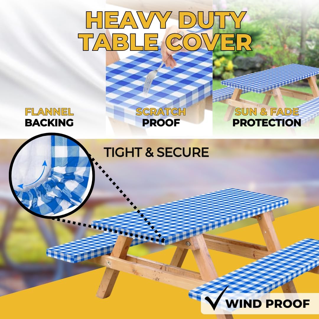 Vinyl Fitted Picnic Table Cover with Bench Covers & Blue 6ft Blue Checkered | Vinyl Fitted Picnic Table Cover with Bench Covers and Bag, Outdoor Waterproof Windproof Picnic Tablecloth with Elastic Edges.