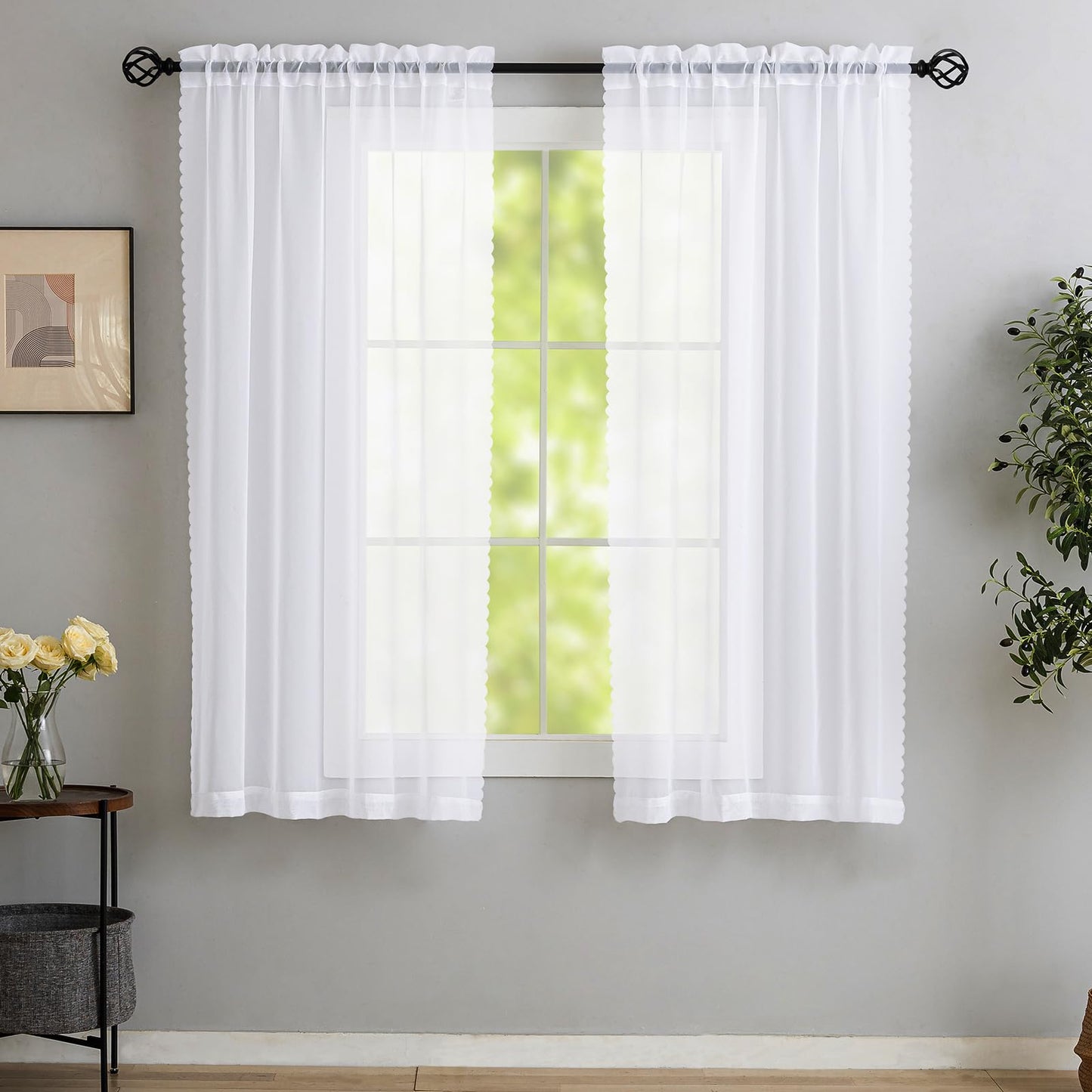 MYSTIC-HOME Sheer Curtains White 63 Inch Length, Rod Pocket Voile Drapes for Living Room, Bedroom, Window Treatments Semi Crinkle Curtain Panels for Yard, Patio, Villa, Parlor, Set of 2, 52"x 63"