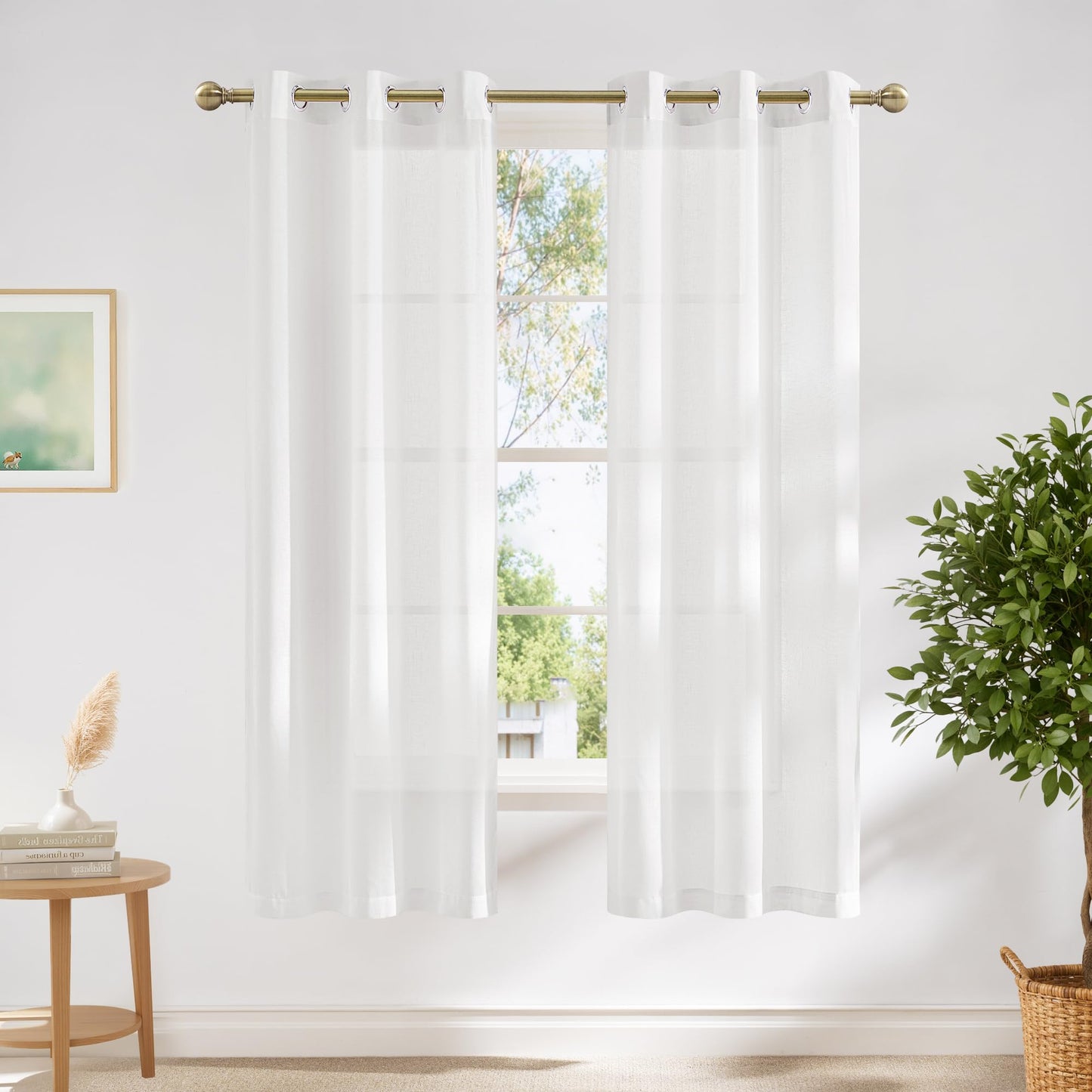 NICETOWN White Sheer Linen Curtains for Living Room 84 inch Length 2 Panels Set, Grommet Semi Sheer Privacy with Light Filtering Flax Window Treatments for Bedroom, W52 x L84