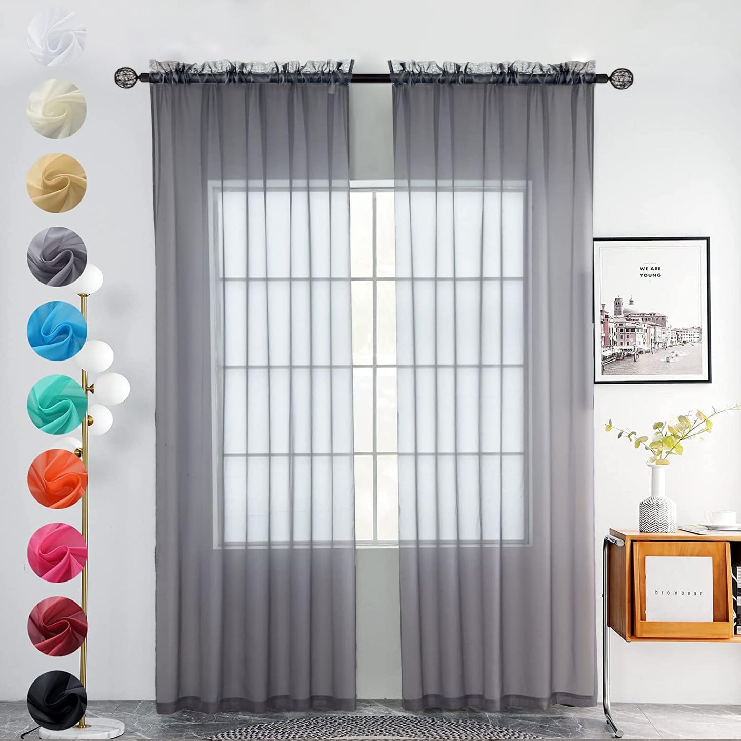 youleyar Solid Sheer Rod Pocket Curtain Voile Draperies 2 Panels White Beige Black Grey Coffee 52 Inch Width 84 Inch Long 1 Pair for Kitchen Bedroom Children Living Room Yard (Ivory,52W ｘ 84L)
