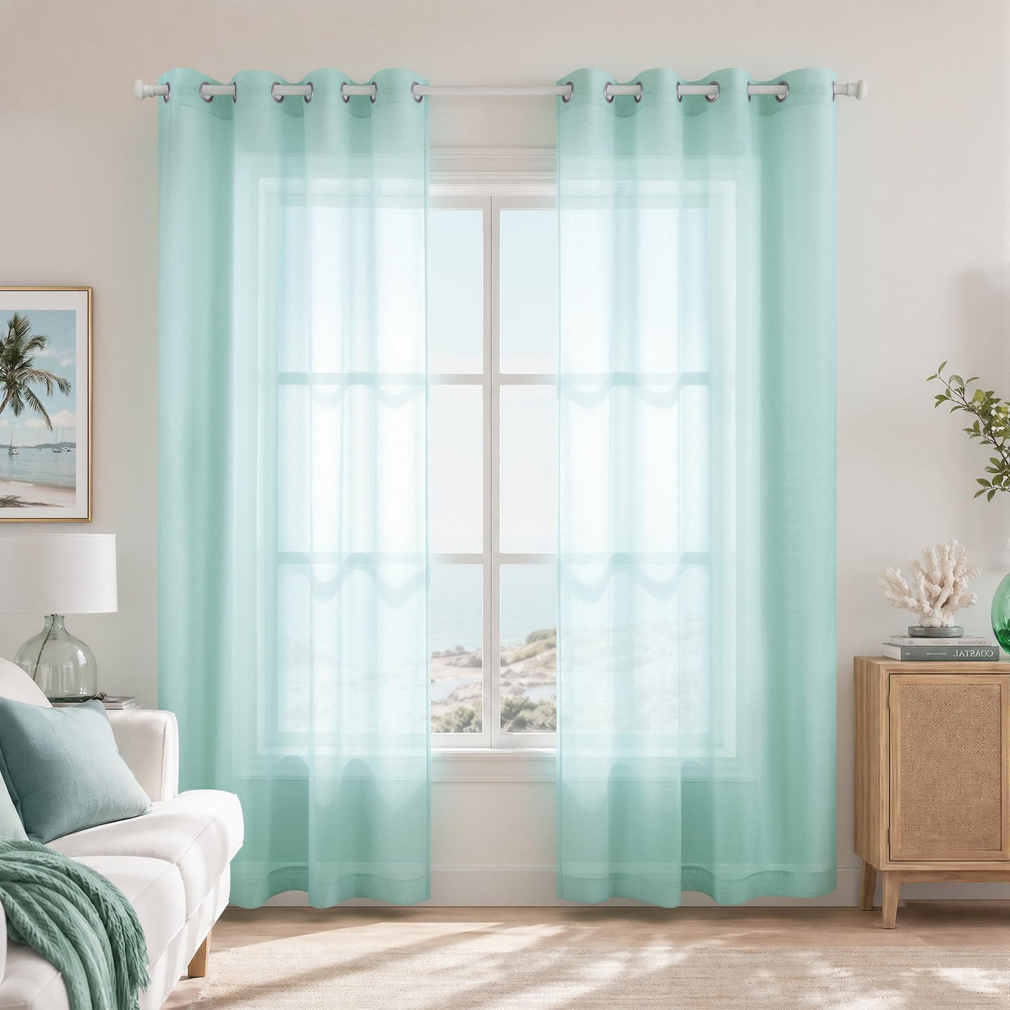 White Sheer Curtains 84 Inches Long Set 2 Panels Grommet Pair Faux Linen Semi Transparent Drape Tulle Gauze Voile Window Sheer Curtains for Bedroom Living Room Dining Wide 52 Length Solid Pack