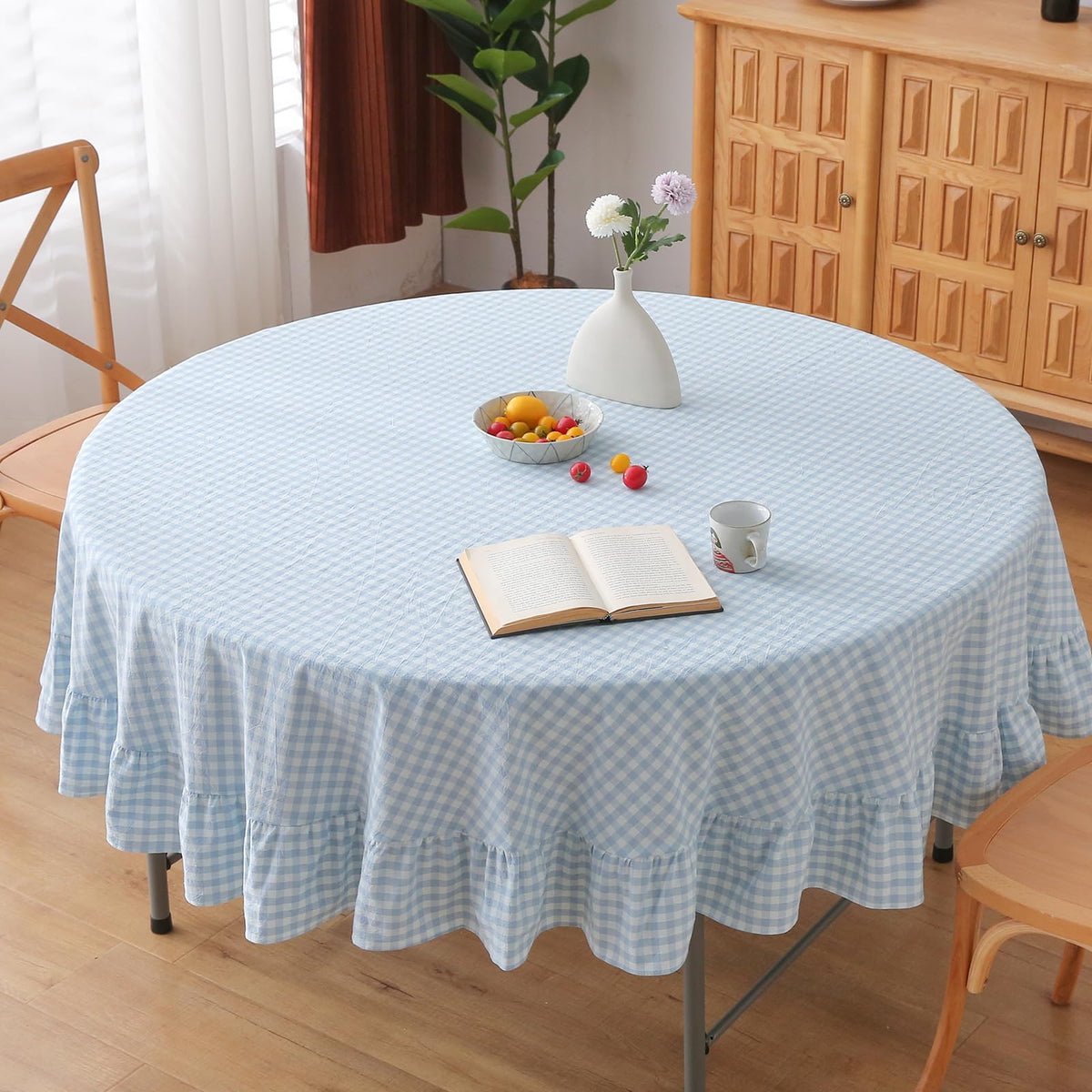 Blush White Gingham Ruffled Table Cloth Rectangular 120“x60” | 100% Washed Cotton, for Seat 8-10, Buffet Picnic Baby Shower Party Tablecloth, Decorative Checker Plaid Farmhouse Table Cover