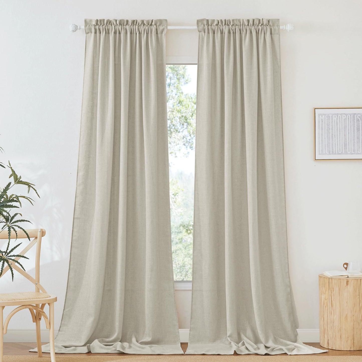 RYB HOME White Semi Sheer Curtains 84 inches Long for Living Room | Half Privacy, Linen Textured, Sheer Light Filtering, Vertical Window Drapes, for Bedroom Dining, White, W52 x L84, 2 Panels