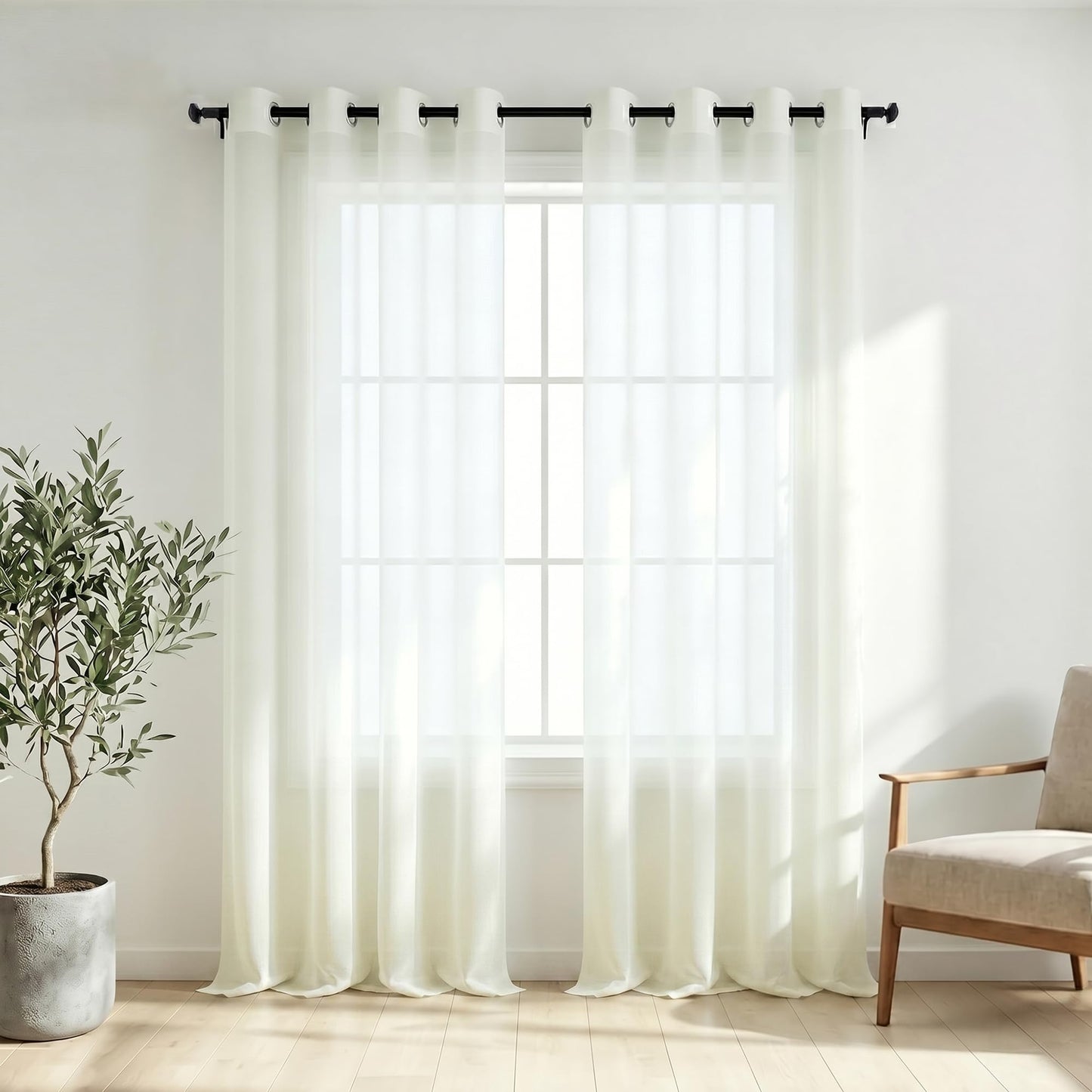 White Sheer Curtains 84 Inches Long Set 2 Panels Grommet Pair Faux Linen Semi Transparent Drape Tulle Gauze Voile Window Sheer Curtains for Bedroom Living Room Dining Wide 52 Length Solid Pack