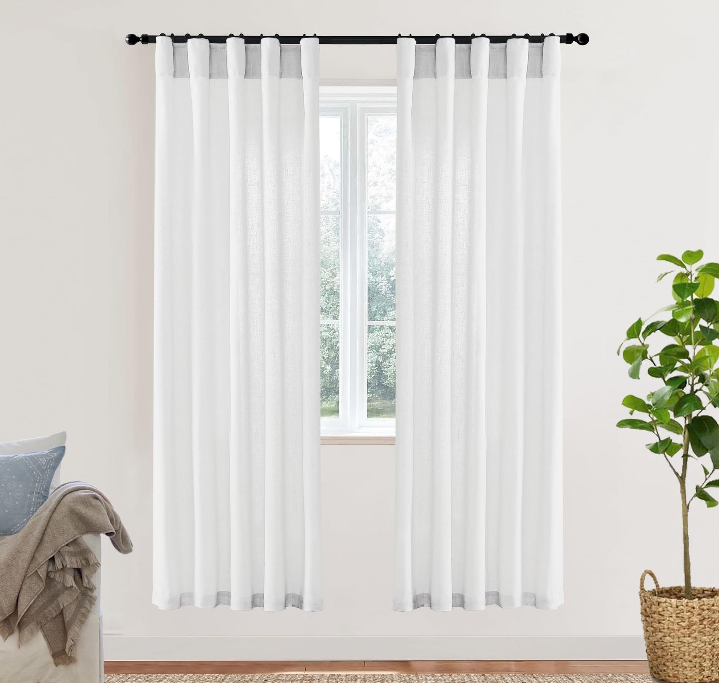 Linen Cotton Curtains for Living Room, Cream Off White Natural Fabric Light Filtering Semi Sheer Curtains 84 Inches Long, Ivory Pleated Farmhouse Curtain Drapes 84 Inch Length 2 Panels Set Dining Room