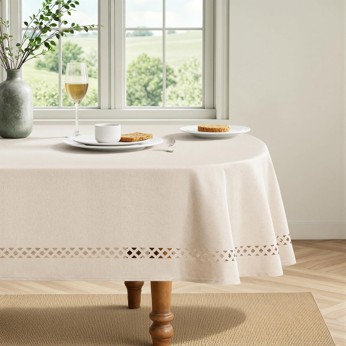 MIULEE Beige Rectangle Tablecloth with Decorative Cutouts 52x70 Inch | Waterproof Stain Resistant & Shrink-Proof Table Cloth, Farmhouse Style, for Dining Wedding Kitchen Party Outdoor