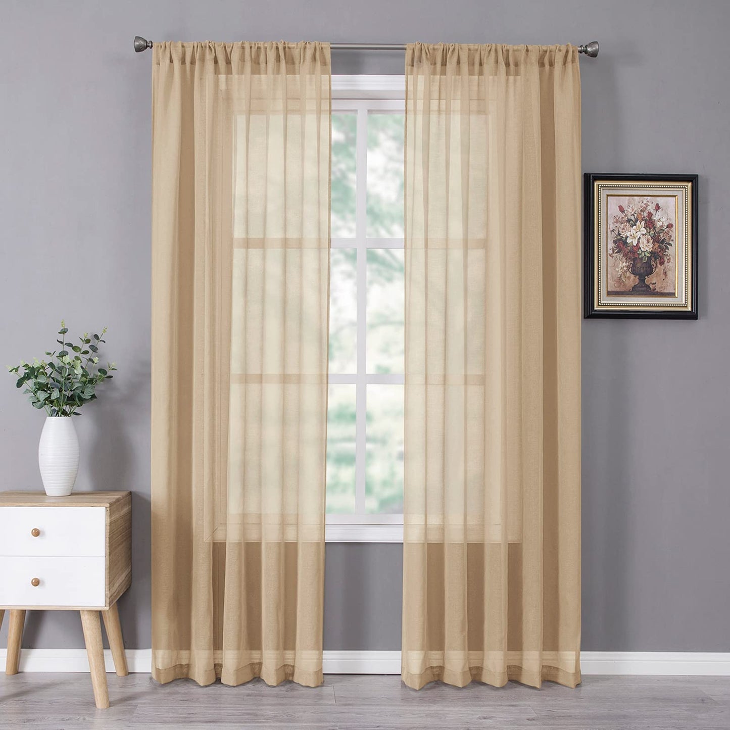Tollpiz Sheer Curtains Living Room Linen Textured Curtain Sheers Light Filtering Voile Rod Pocket Curtains for Bedroom, 38 x 63 inches Long, White, Set of 2 Panels