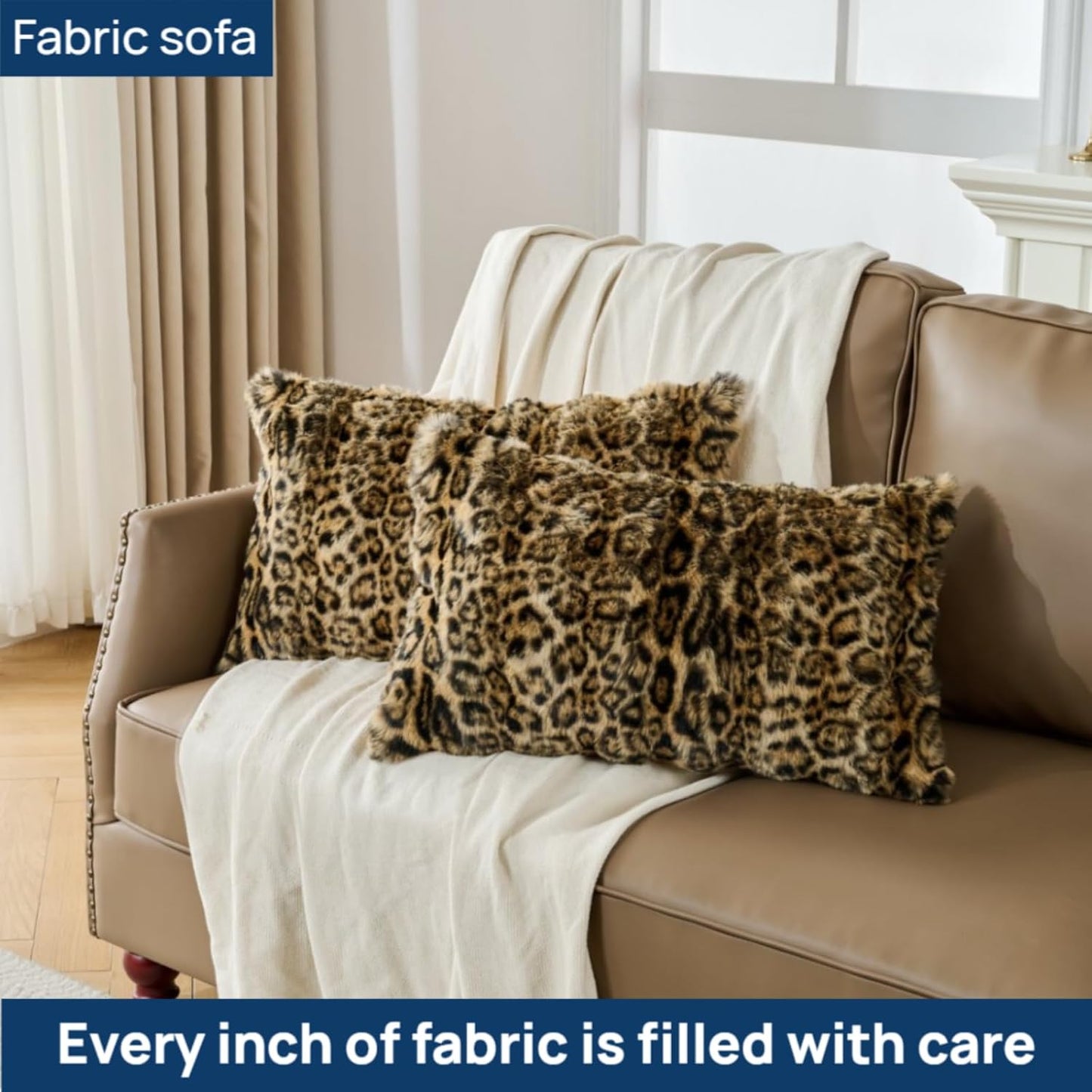 Cheetah Print Faux Fur Fluffy Pillowcases,Plush Soft Throw Pillow Covers, Fuzzy Decorative Leopard Print Pillow Cases, Furry Brown Leopard Cushion Covers for Couch Sofa-18x18 inch Set of 2