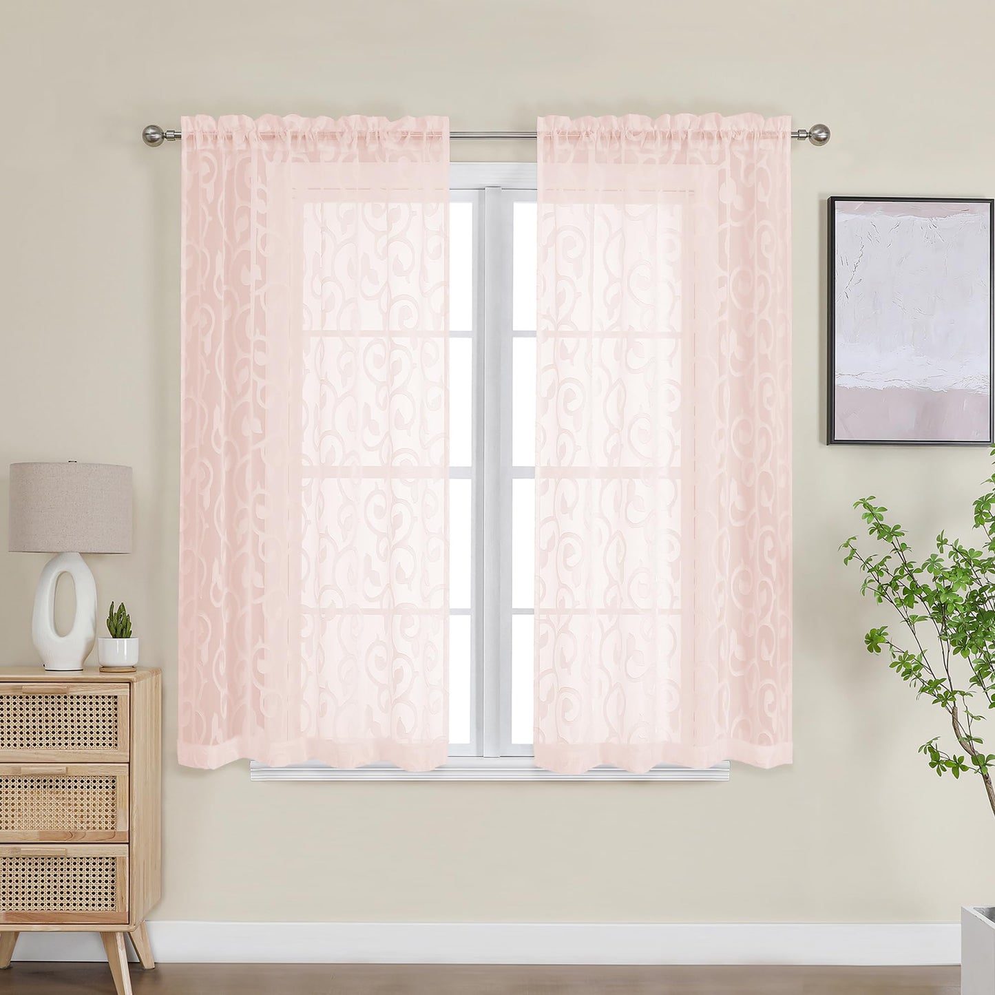 Furman Ivory Sheer Curtains 84 inches Long for Bedroom Living Room 2 Panels Set, Jacquard Clip Light Filtering Semi Sheer Curtain Rod Pocket Window Drapes, 2 Pcs Each 40 W 84 L