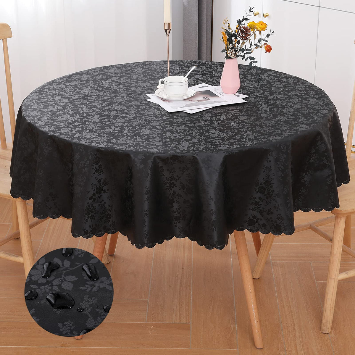 Smiry Rectangle Waterproof Heavy Duty Vinyl Tablecloths, 60 x 84 Inch | Wipeable Washable Floral Embossed Table Cover for Kitchen and Dining Room, Indoor & Outdoor Use, Beige