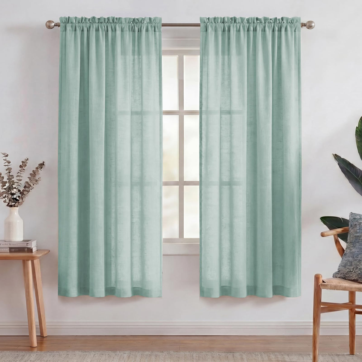 Turquoize White Linen Curtains 96 Inches Long Semi Sheer Curtains Light Filtering Linen Drapes for Living Room/Bedroom 2 Panels Set Rod Pocket Window Treatments Panels,W52 x L96, White