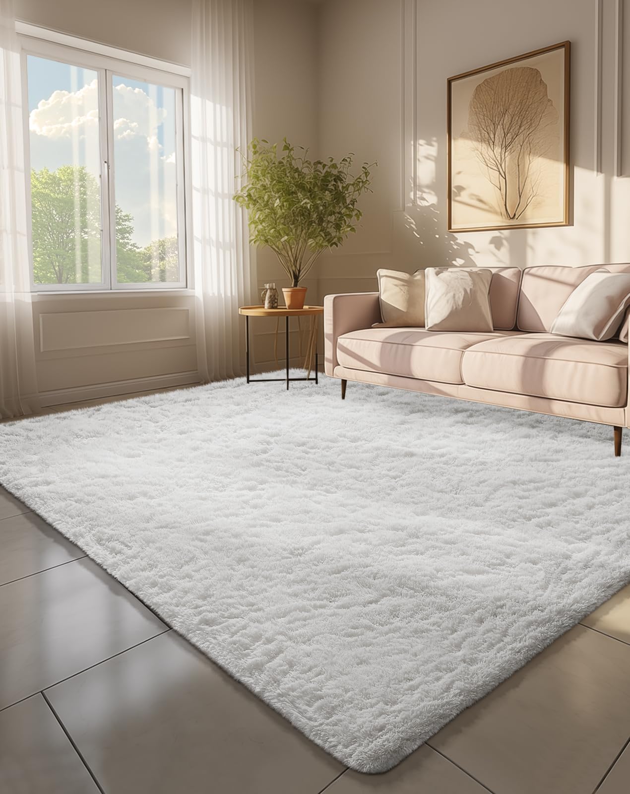 Ophanie 8x10 Area Rugs for Living Room, Washable Non-Slip Fluffy Soft Large Shag Bedroom Carpet, Ivory Big Indoor Nursery Rug, Carpets for Boy and Girls Room Dorm Decor with Over 99 pcs Pile fibers