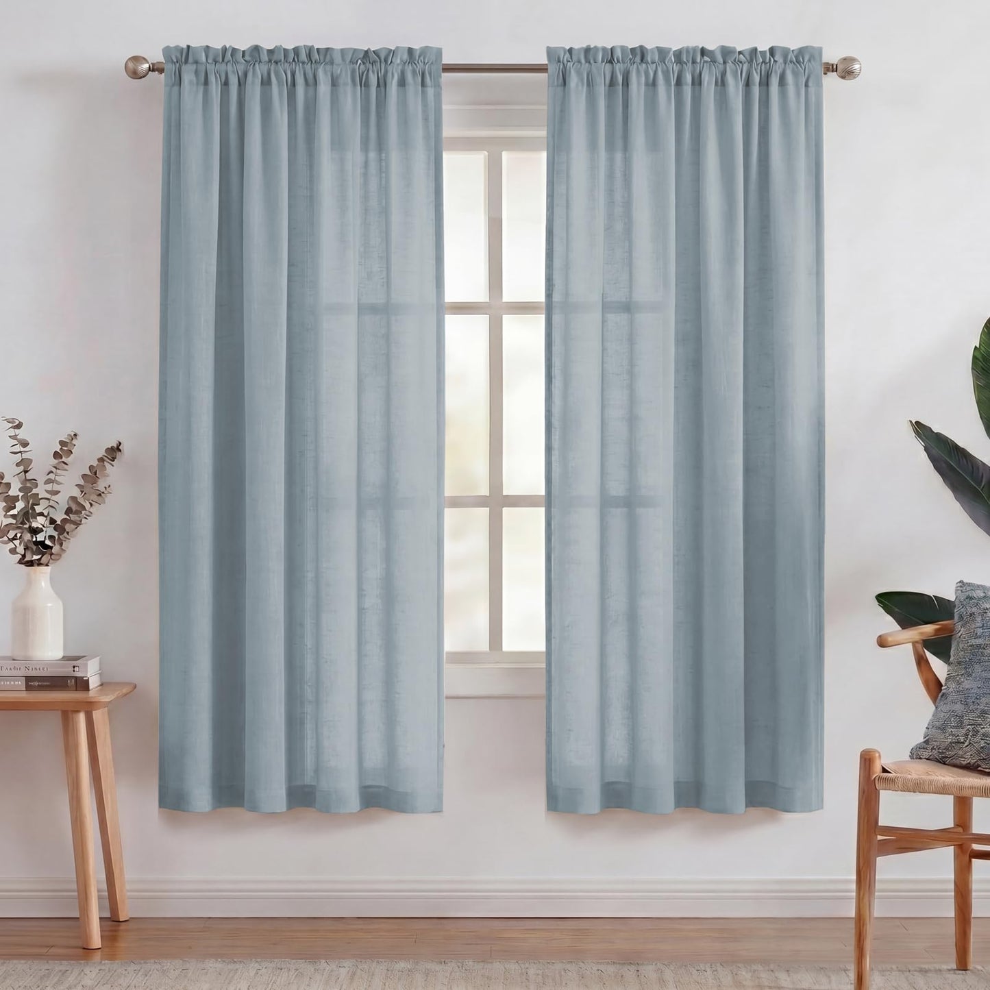 Turquoize White Linen Curtains 96 Inches Long Semi Sheer Curtains Light Filtering Linen Drapes for Living Room/Bedroom 2 Panels Set Rod Pocket Window Treatments Panels,W52 x L96, White