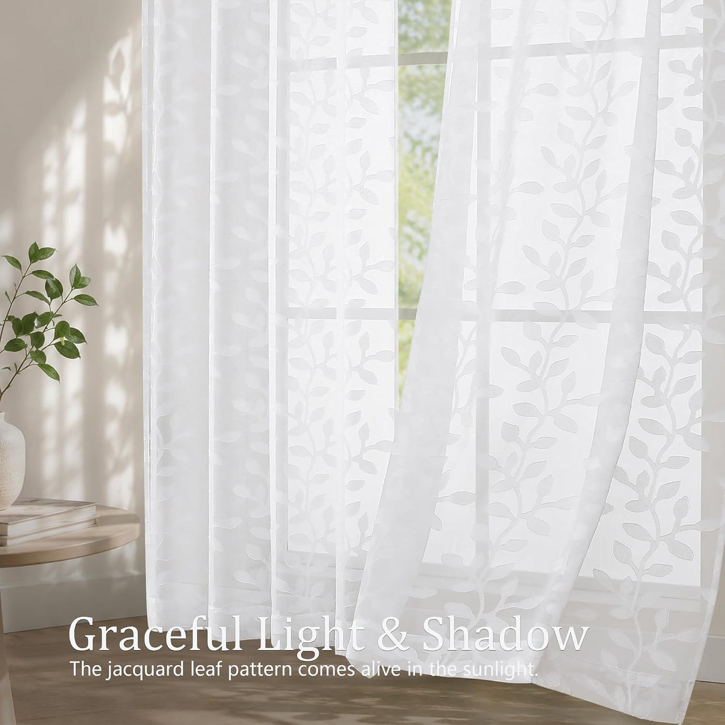 White Sheer Curtains 84 Inches Long - Light Filtering Leaf Jacquard Textured Semi Sheer Curtains, Rod Pocket Drapes for Living Room Bedroom 2 Panels Set, 2x37Wx84L Inches
