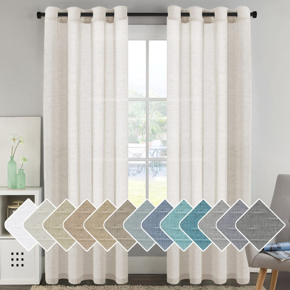 H.VERSAILTEX Natural Linen Sheer Curtains Flax Linen Blended Curtain Panels Living Room, Nickel Grommet Semitransparent Semi-Sheer Soft Privacy Drapes, Natural, 84 inches Long 2 Panels