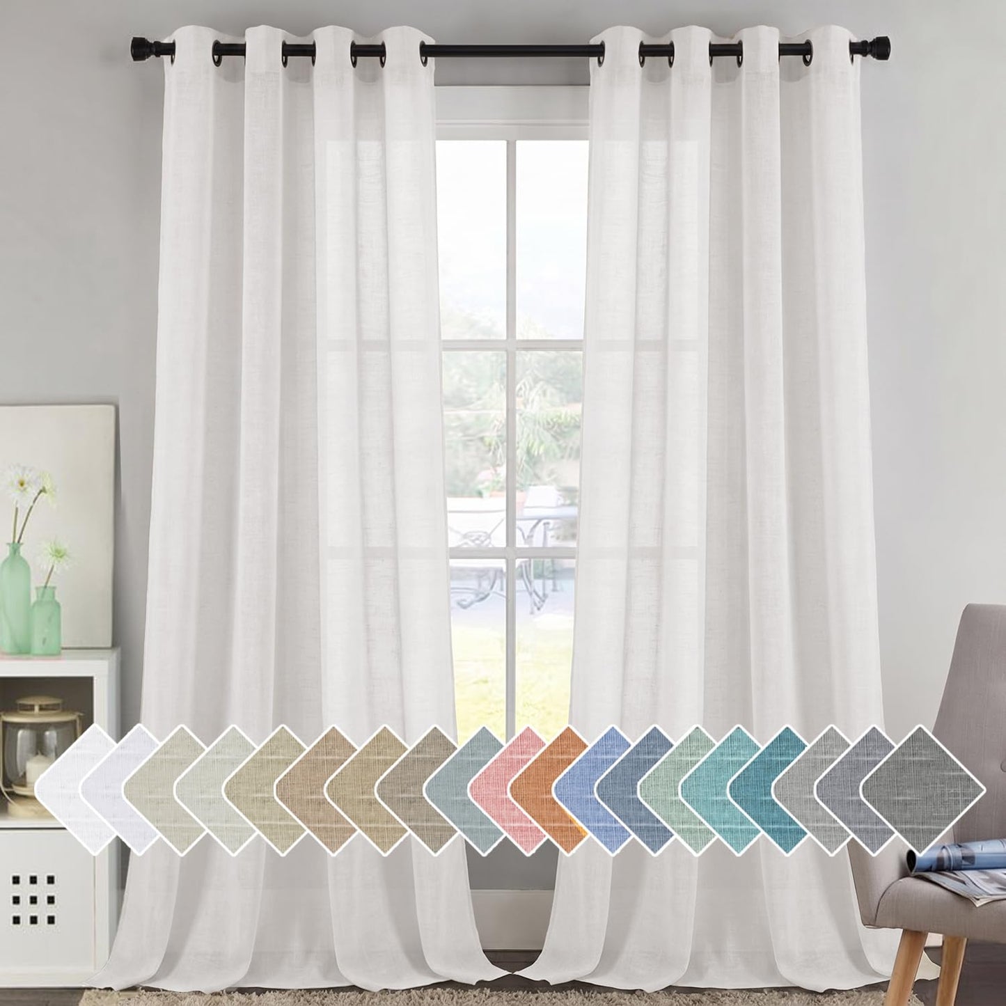 H.VERSAILTEX Natural Linen Sheer Curtains Flax Linen Blended Curtain Panels Living Room, Nickel Grommet Semitransparent Semi-Sheer Soft Privacy Drapes, Natural, 84 inches Long 2 Panels