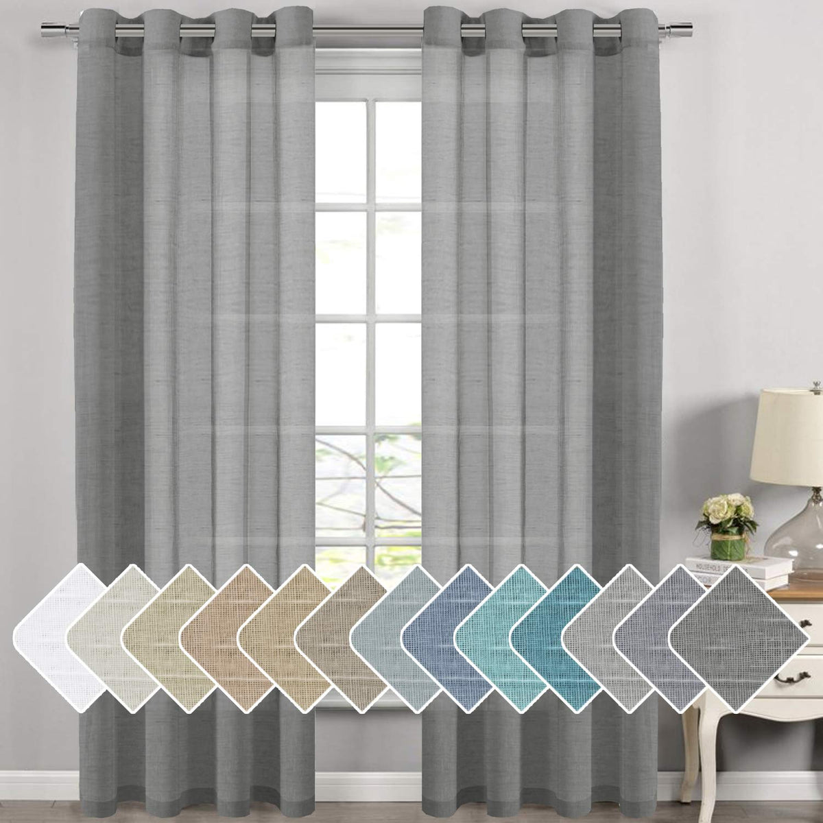 H.VERSAILTEX Natural Linen Sheer Curtains Flax Linen Blended Curtain Panels Living Room, Nickel Grommet Semitransparent Semi-Sheer Soft Privacy Drapes, Natural, 84 inches Long 2 Panels