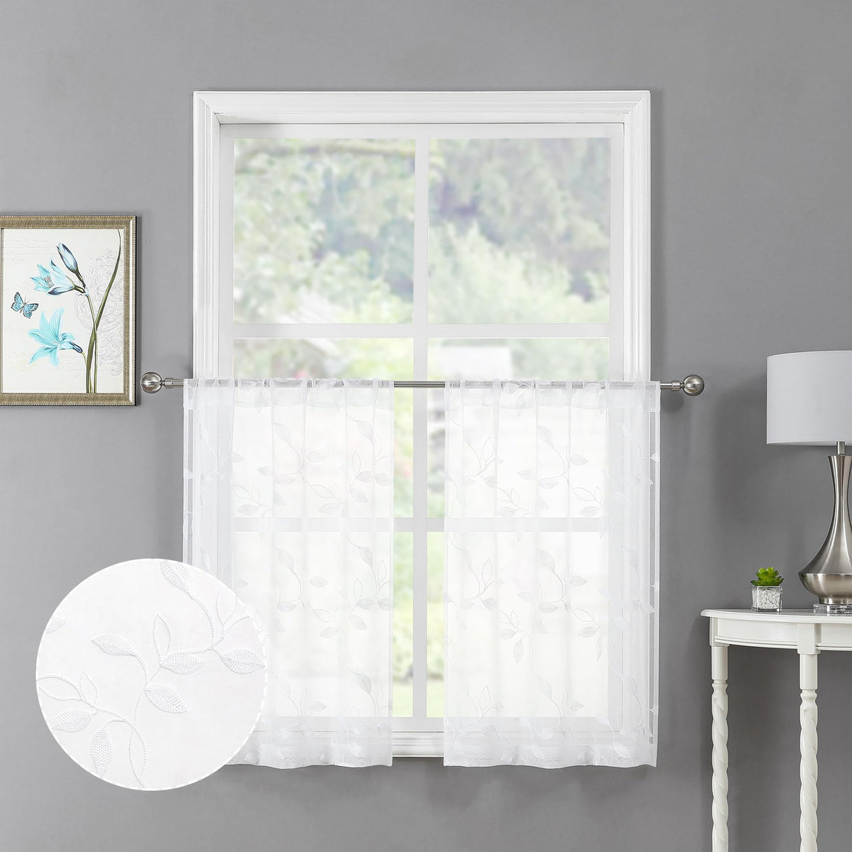 Tollpiz White Leaf Sheer Curtains Bedroom 54 x 84 Inches | Leaves Embroidered Curtain Rod Pocket Voile Window Treatment for Living Room, Set of 2 Panels