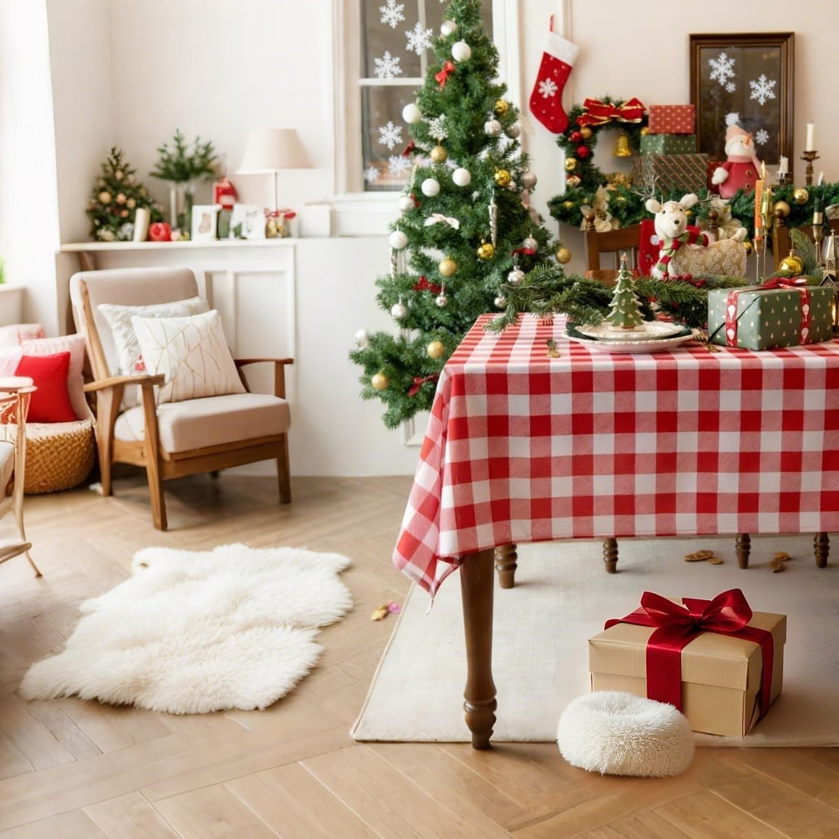 Waterproof Checkered Tablecloth Fabric - Rectangle 58x84 Inch Classic Gingham Buffalo Plaid Table Cloth for Indoor/Outdoor Use - Washable Table Cover for Kitchen, BBQs, and Parties
