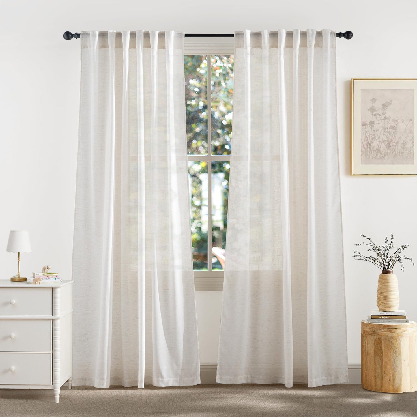RYB HOME White Sheer Curtains for Living Room Patio Glass Door, W52 x L95 | Linen Texture, Light Filtering Privacy, Airy Translucent, Back Tab, Bedroom Office Balcony, W52 x L95, 2 Panels
