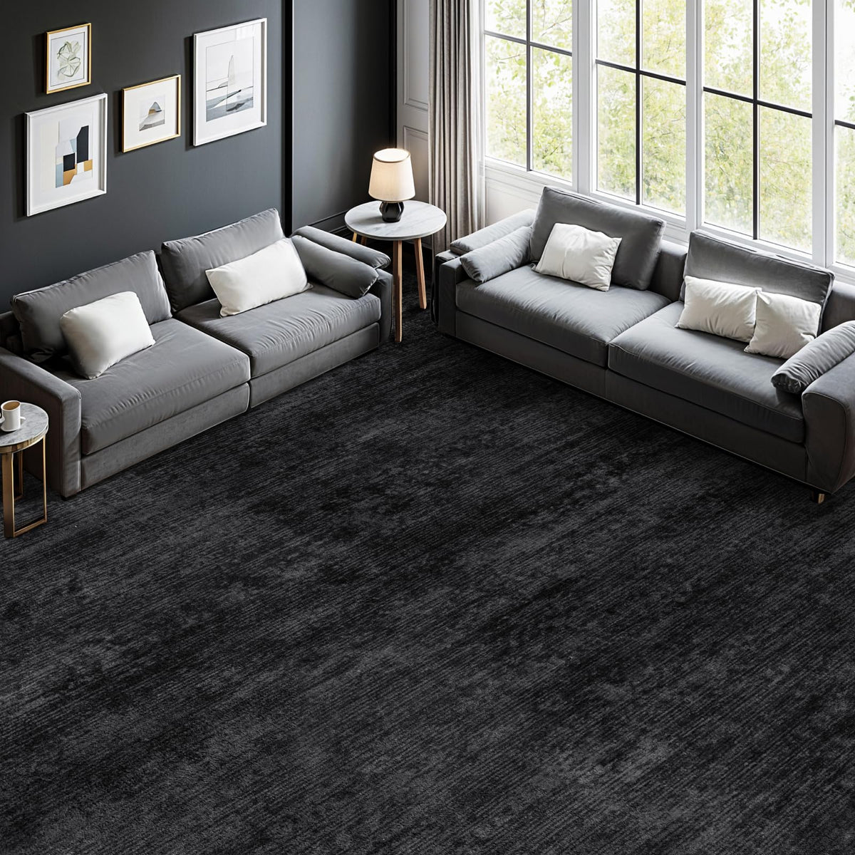 8x10 Washable Area Rug, Black Solid Area Rugs for Living Room & Bedroom | Stain-resistant & Non-slip backing,Low Pile Washable Large Carpet, Solid Vintage Style For High Traffic Areas(8x10,Black)