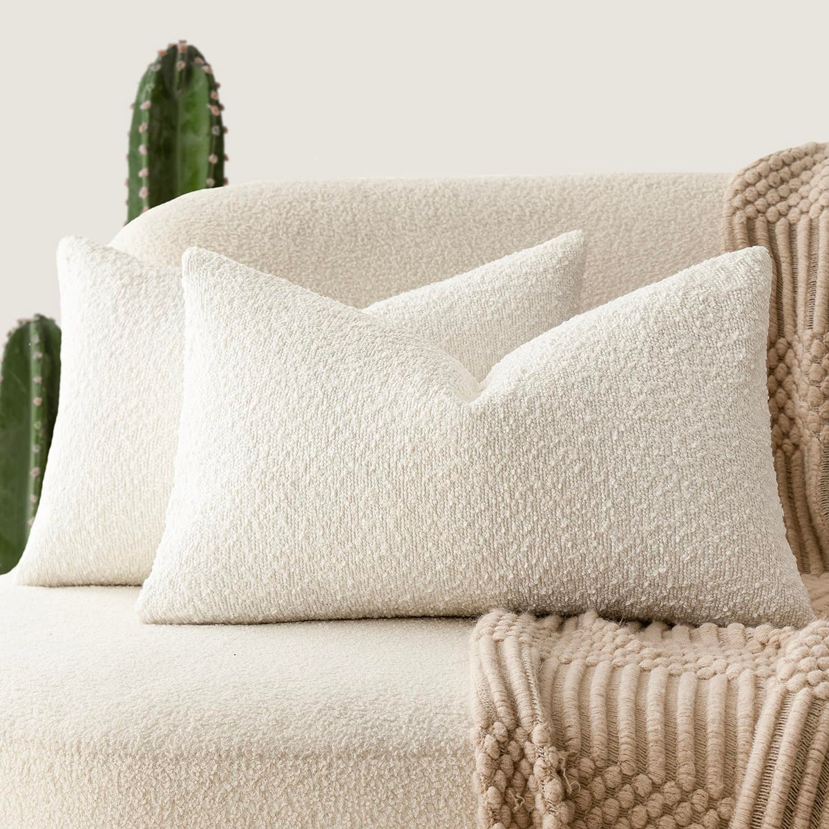 Foindtower Pack of 2, 20 x 20 Inch, Decorative Textured Boucle Throw Pillow Covers Accent Solid Pillow Cases Cozy Soft Couch Cushion Case for Chair Sofa Bedroom Living Room Home Decor, Cream White