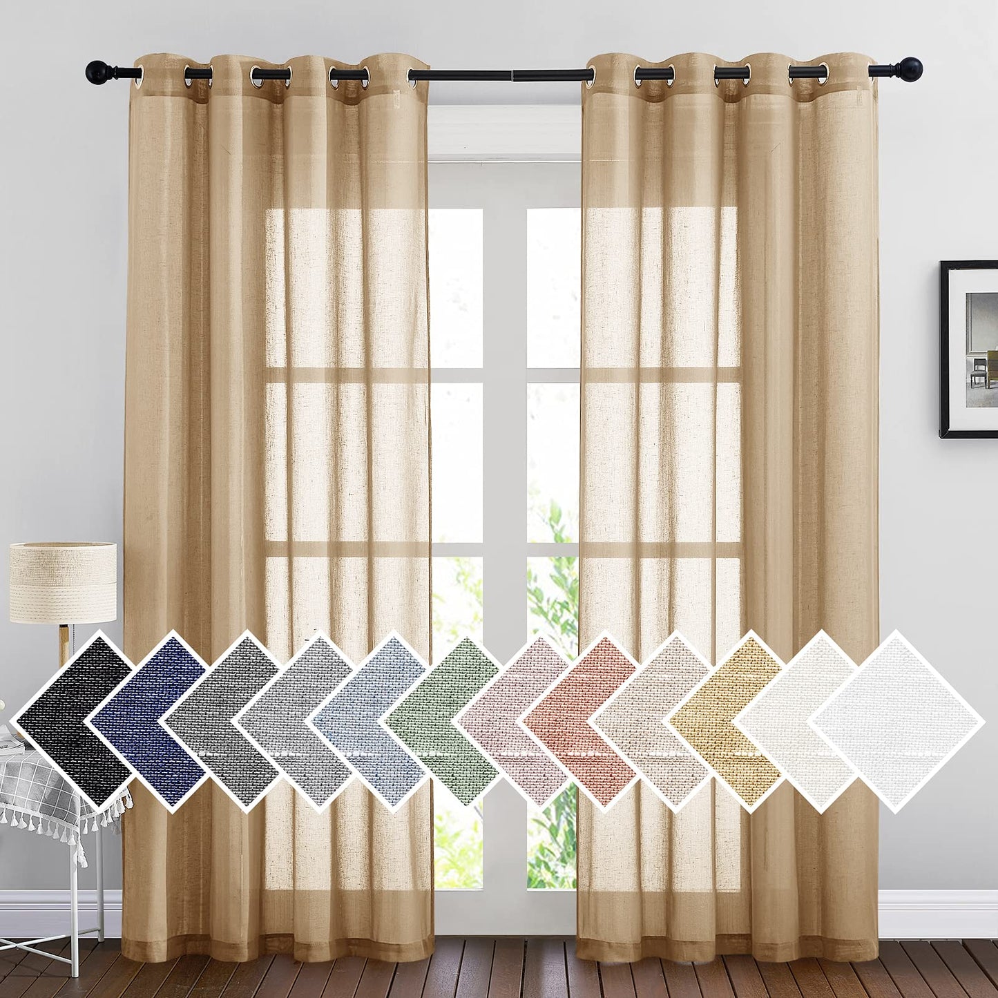 NICETOWN White Sheer Linen Curtains for Living Room 84 inch Length 2 Panels Set, Grommet Semi Sheer Privacy with Light Filtering Flax Window Treatments for Bedroom, W52 x L84