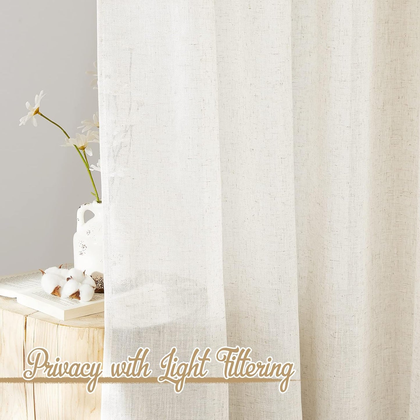 NICETOWN Flax Linen Curtains 84 inch Long, Rod Pocket & Back Tab Semi Sheer Vertical Drapes Privacy Added with Light Filtering for Bedroom/Living Room, Burlap, W52 x L84, 2 Pieces