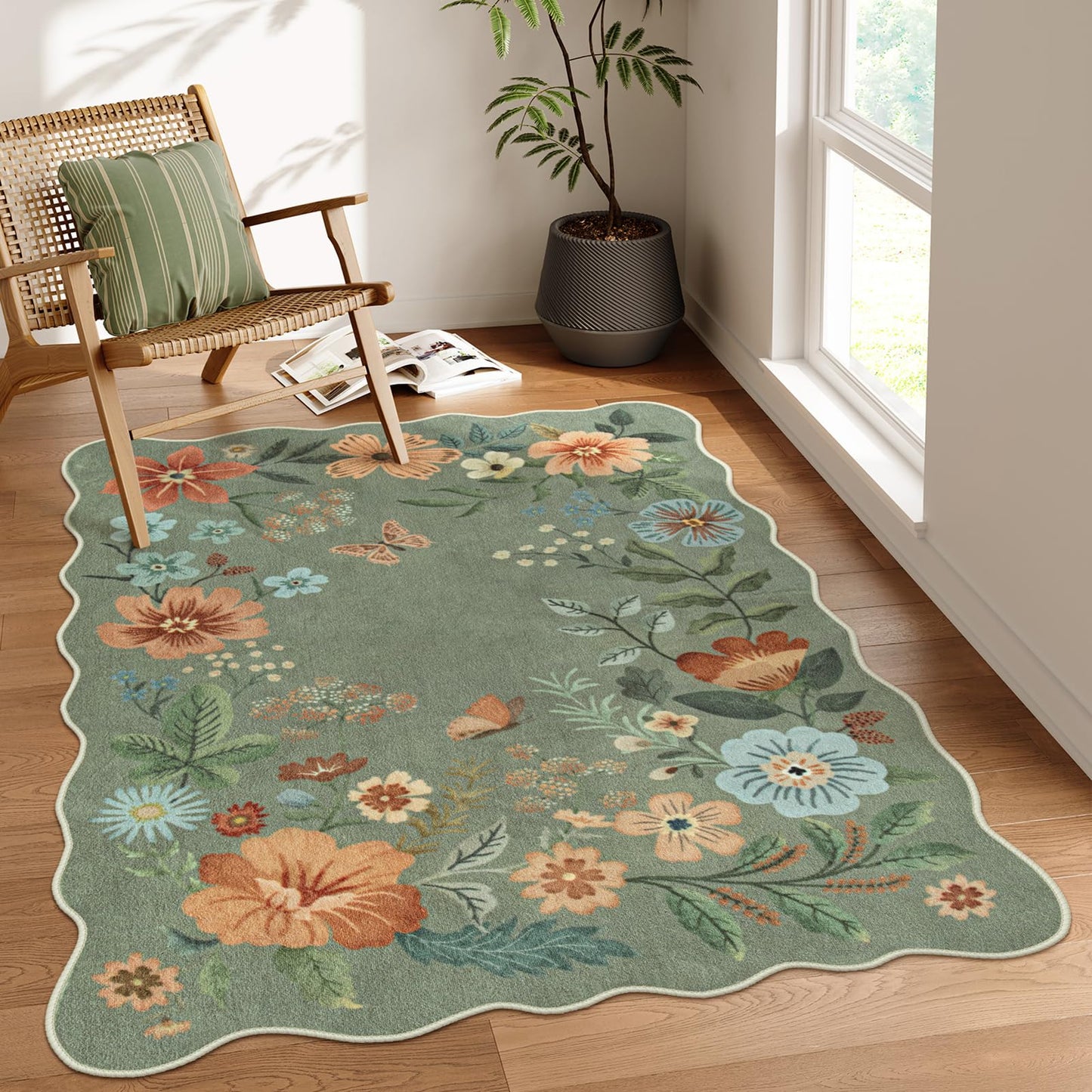 Lahome Floral Rugs for Living Room, 5x7 Area Rugs Ultra-Thin Soft Washable Rug, Non-Slip Bedroom Rug Stain Resistant Boho Flore Carpet for ‎Dining Room Office (5x7ft,Black/Grey)