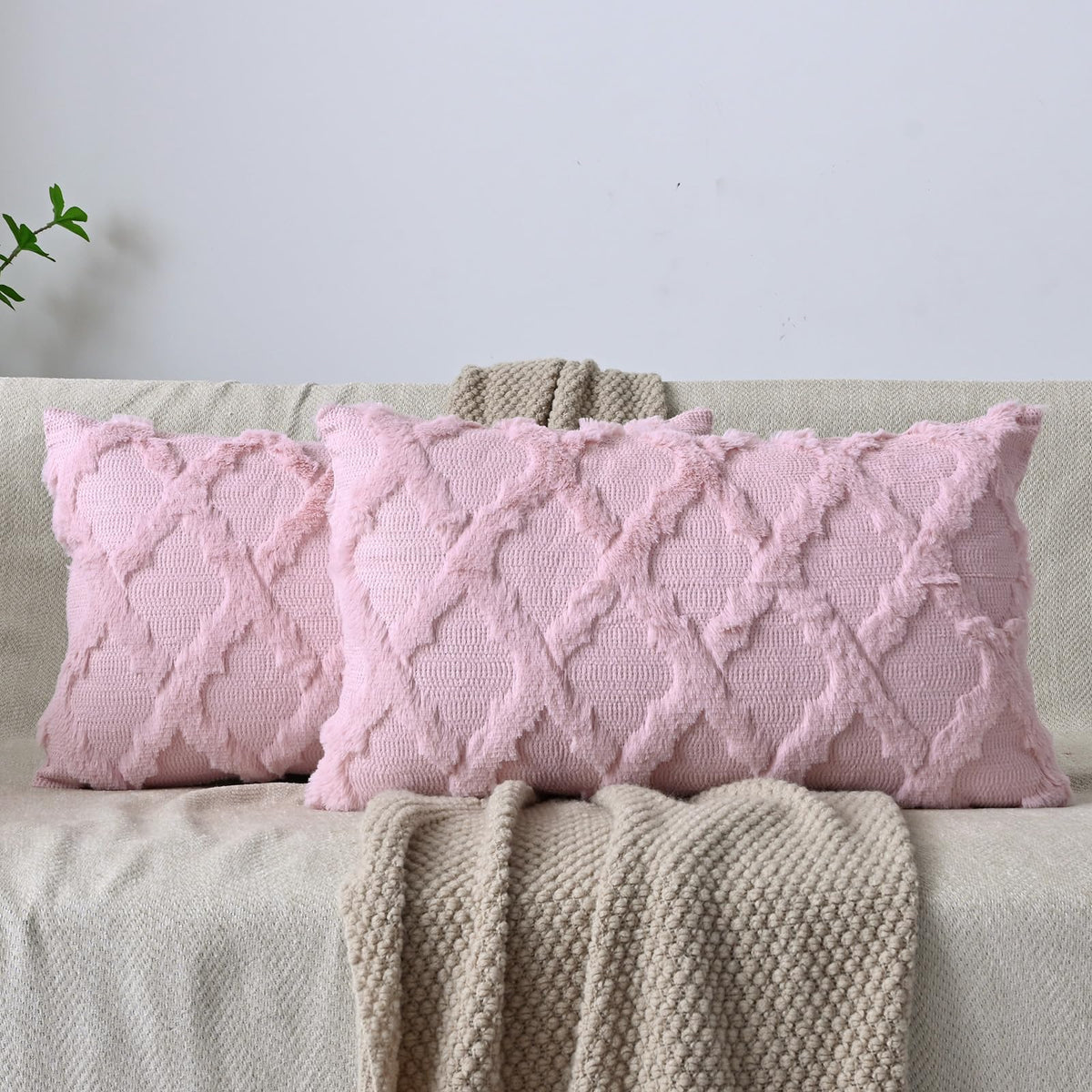Set of 2 Soft Moroccan Throw Pillow Covers 18x18 Inch Plush Boho Decorative Pillow Cover Accent Cushion Case for Couch Sofa Bed, Beige