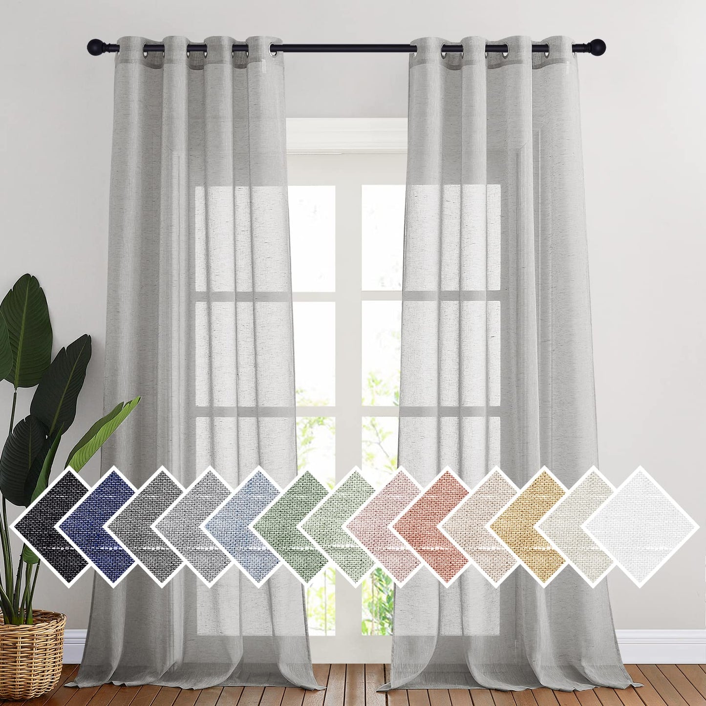 NICETOWN White Sheer Linen Curtains for Living Room 84 inch Length 2 Panels Set, Grommet Semi Sheer Privacy with Light Filtering Flax Window Treatments for Bedroom, W52 x L84