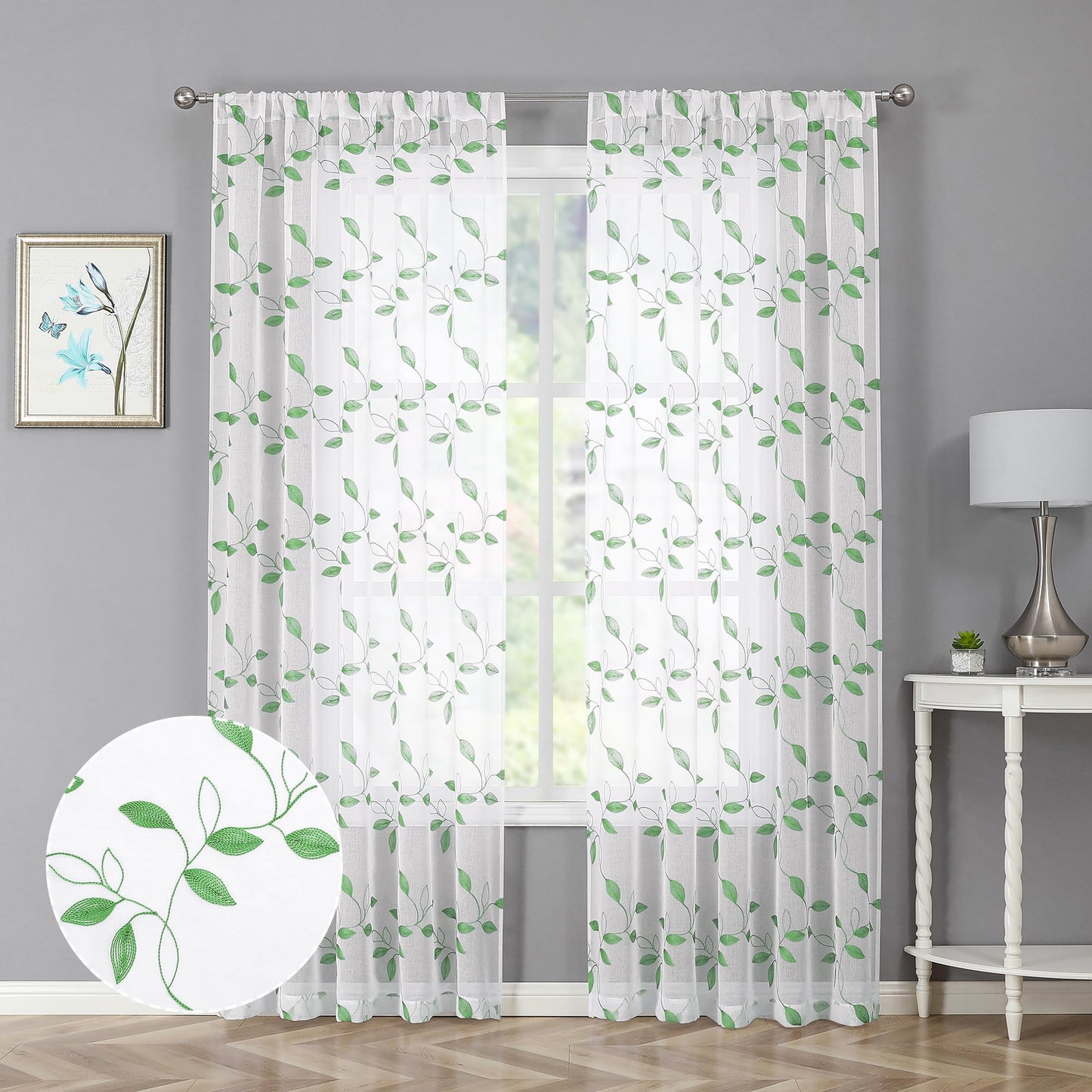 Tollpiz White Leaf Sheer Curtains Bedroom 54 x 84 Inches | Leaves Embroidered Curtain Rod Pocket Voile Window Treatment for Living Room, Set of 2 Panels