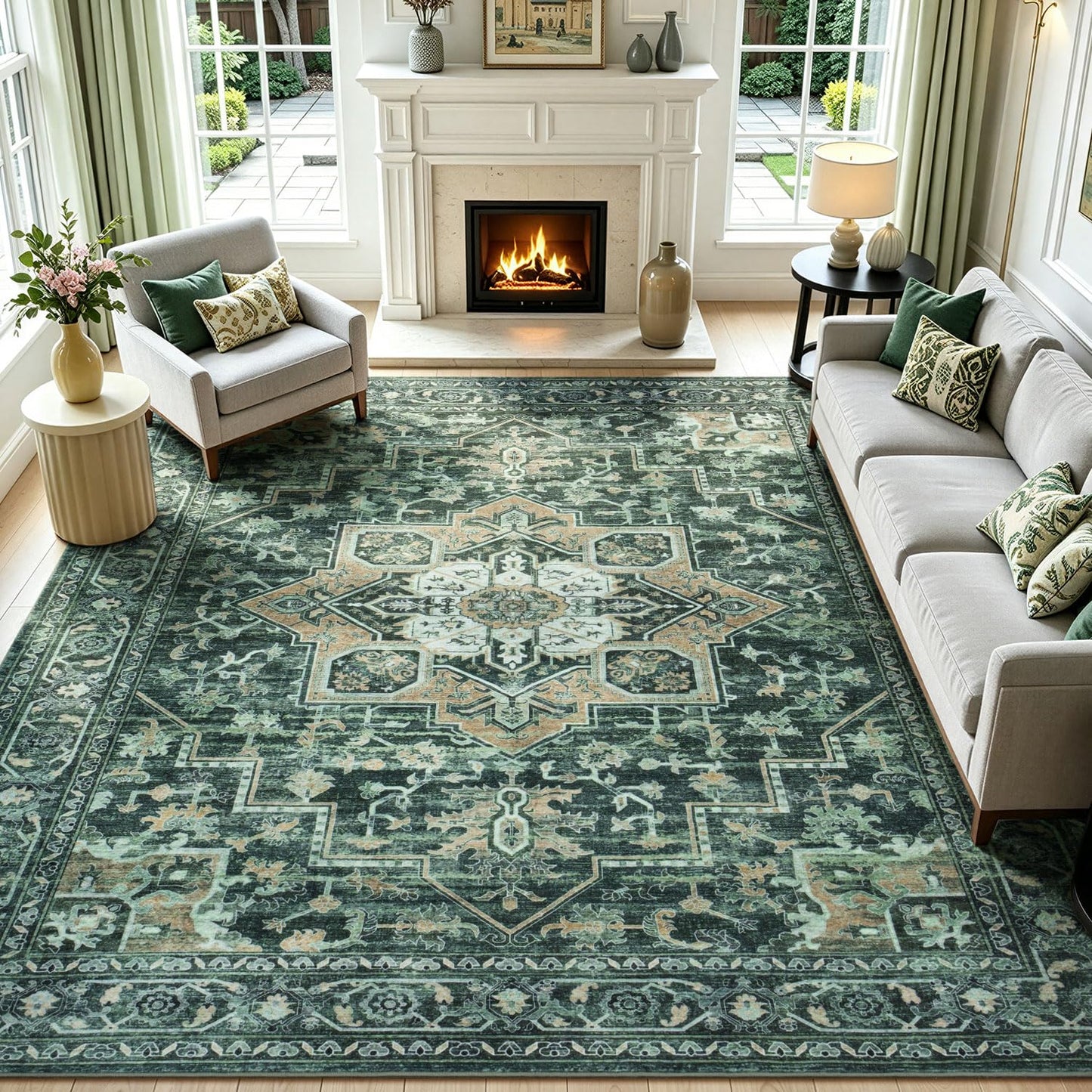 Lofus 5x7 Area Rugs for Living Room Bedroom, Soft Boho Carpet Floral Brown | High-Power Vacuuming, Non-Slip, Low Pile, Stain & Water Repellent, Soft, Skin-Friendly, for Kitchen Entryway Office