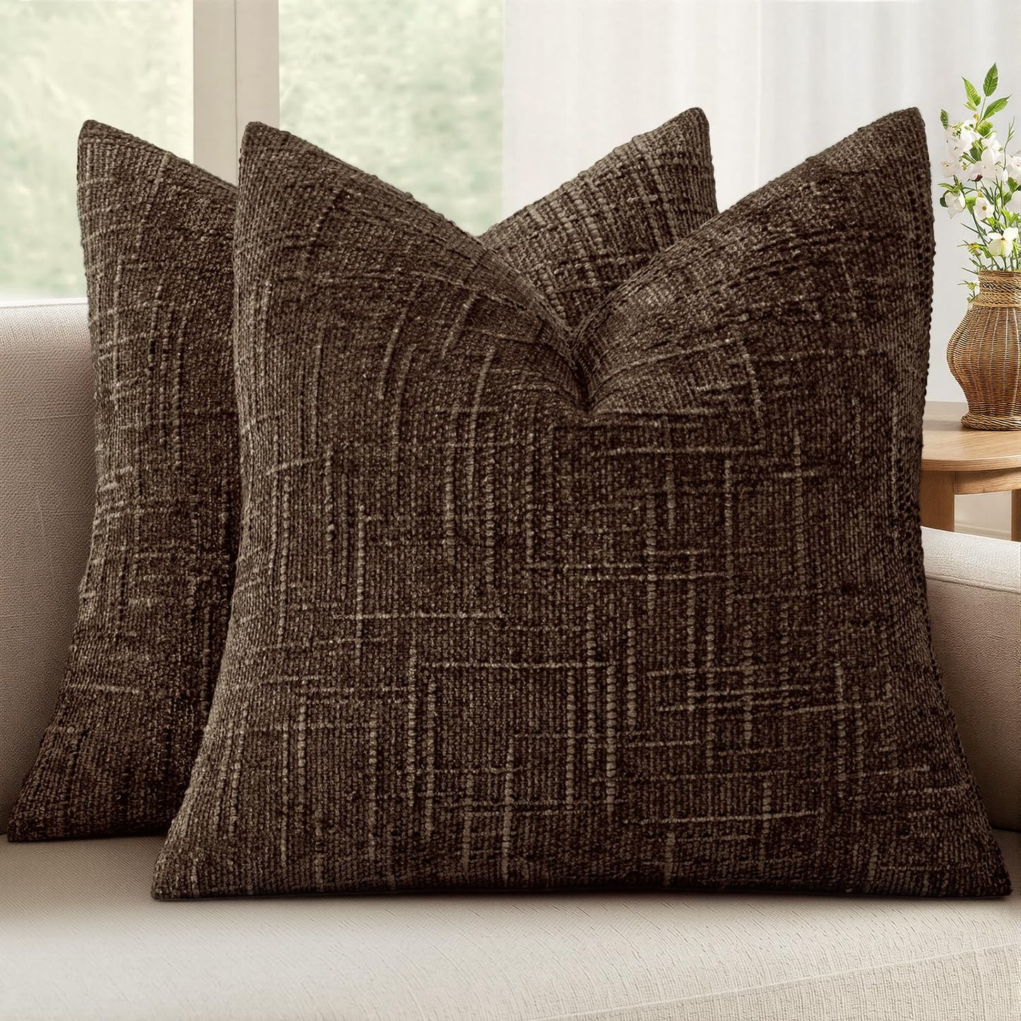 MIULEE Chenille Textured Throw Pillow Covers Cream White 18x18 Set of 2 | Slubby Decorative Pillows, Boho Farmhouse Home Decor, Modern Neutral Cushion Covers for Couch Sofa Bed Living Room
