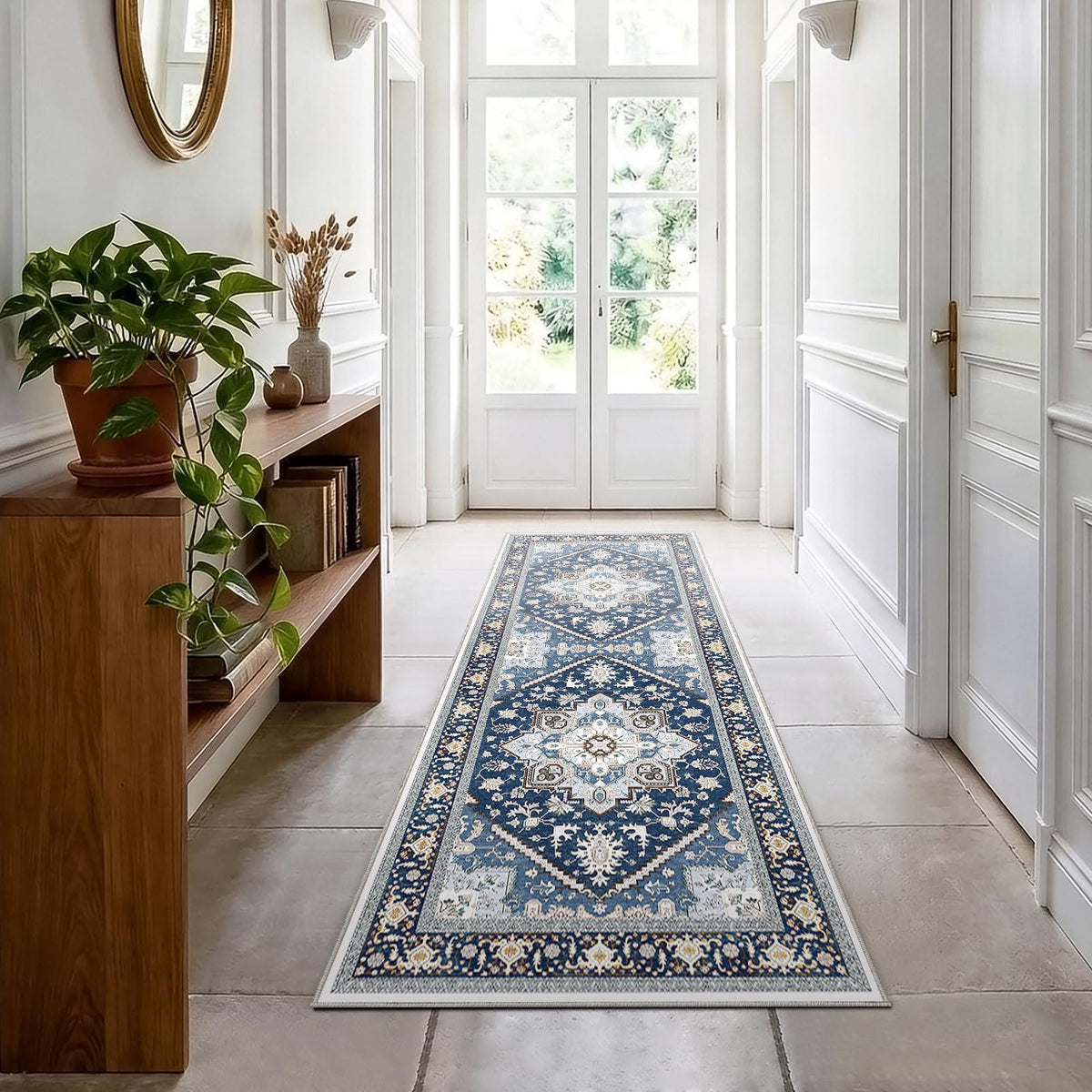 OPPODREAM Soft Area Rugs 5x7, Persian-Inspired Washable Rug, Blue & Gold | Low-Pile Faux Cashmere Surface, TPR Non-Slip Backing, 5 x 7 Carpet for Bedroom, Office, Dorm, Dining Room