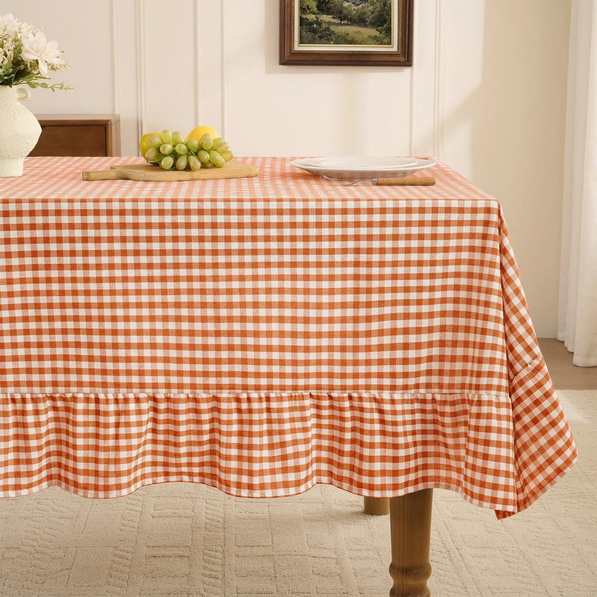 Romanstile Gingham Ruffled Tablecloth Rectangle, 60 x 84 Inch, Sage Green | Waterproof Checkered Table Cloth, Polyester-cotton, Farmhouse Plaid Table Cover for Outdoor, Picnic, Camping, Party