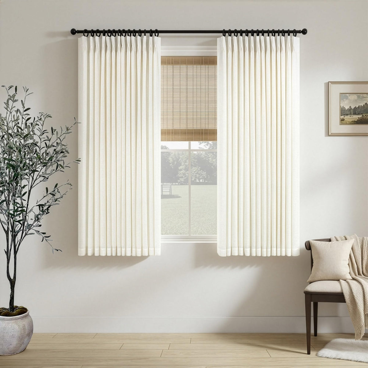 White Linen Pleated Curtains 84 Inches Long for Bedroom Back Tab Light Filtering Sheer Pinch Pleat Drapes Hook Ring Modern Farmhouse Coastal Cotton Textured Gauze Curtain Living Room 84 Length 2 Panel