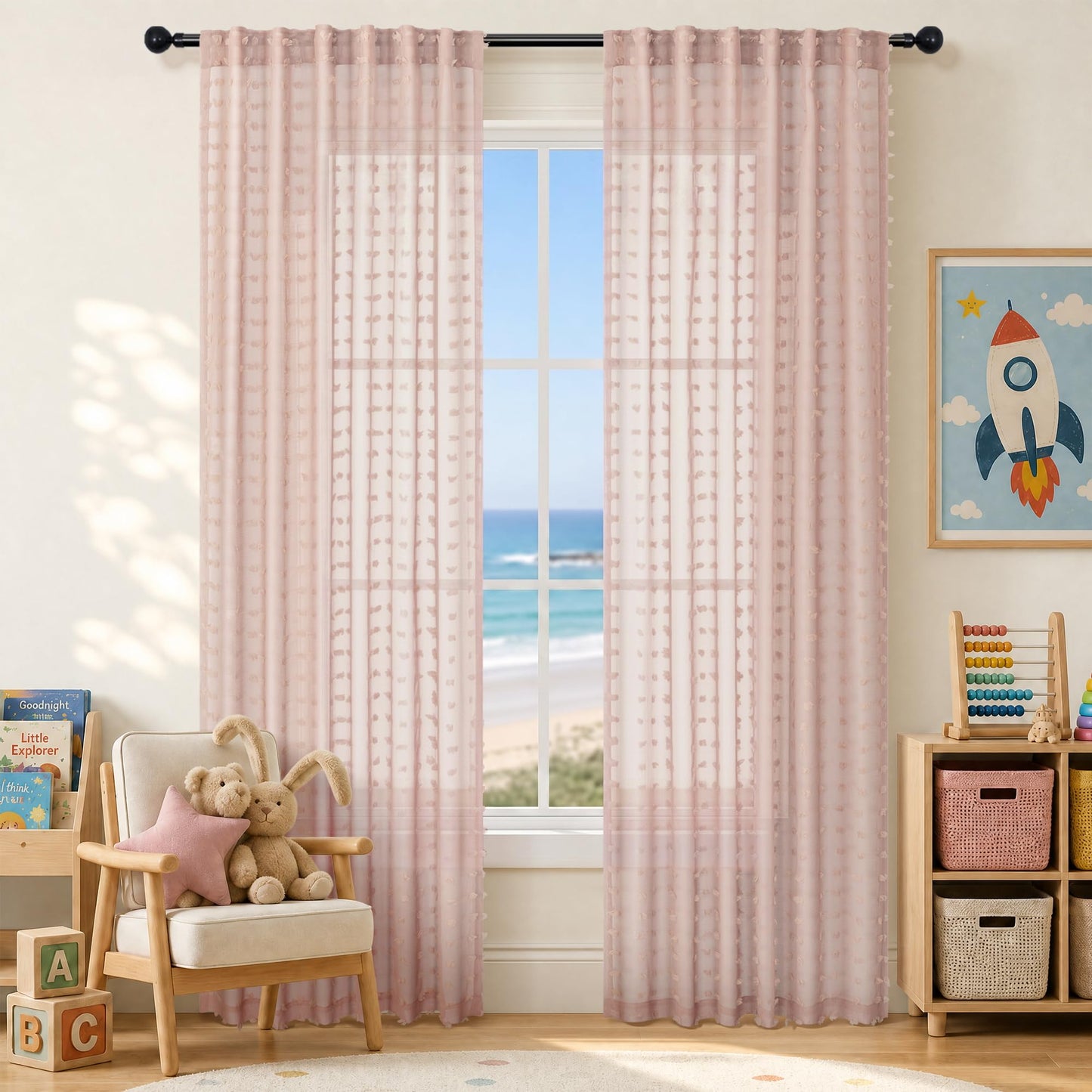 White Sheer Curtains 84 Inches Long for Living Room Bedroom Farmhouse White Pom Pom Curtains 2 Panels Back Tab Shabby Chic Boho Curtain Semi Sheer Nursery Kids Aesthetic Ruffle Drape 52x84 Length